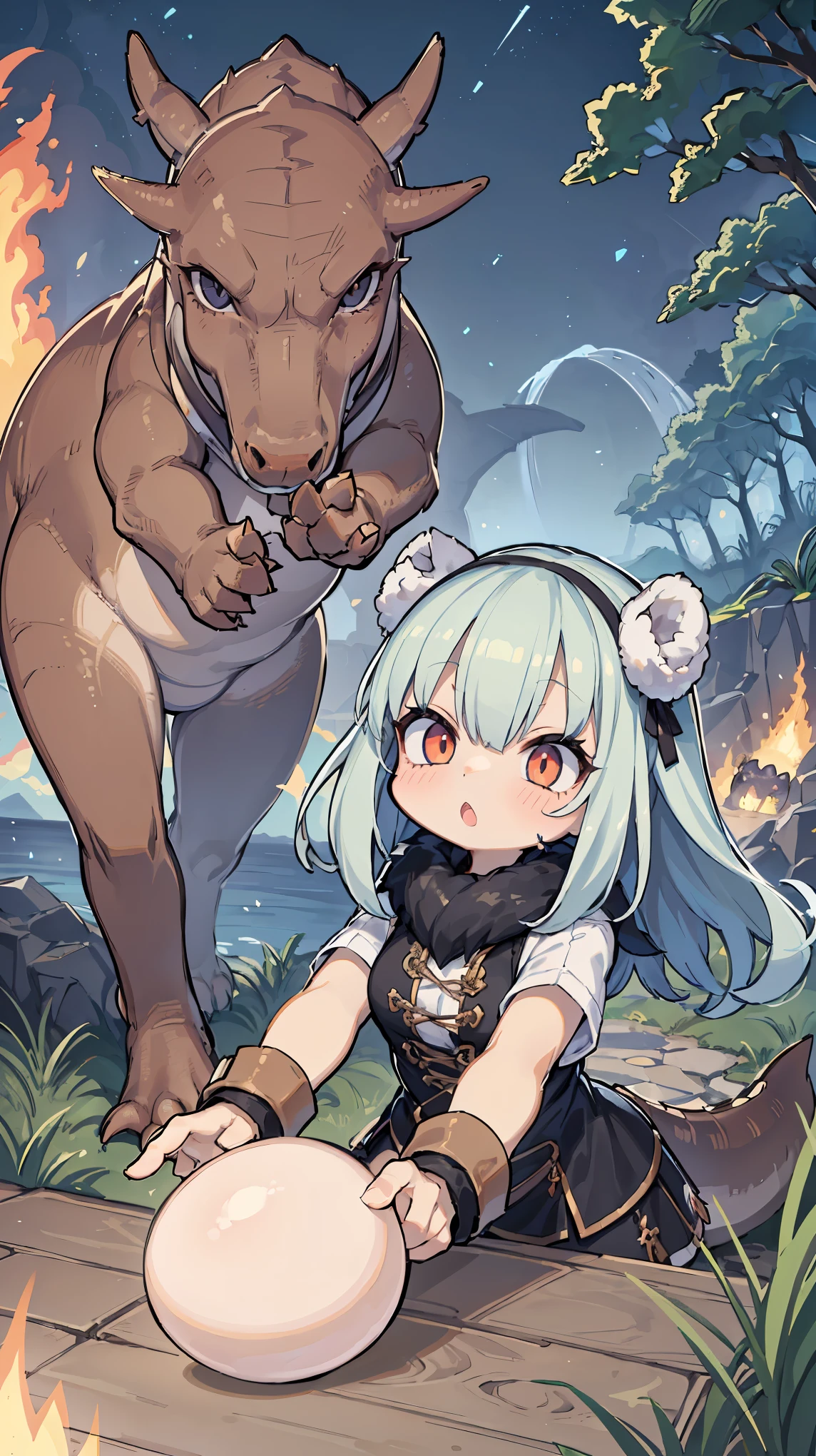 （presence：1.5）、（Dynamism：1.8）、girl with、solo、teens girl、boldness、Harboring a dinosaur egg、Hold、To study dinosaur eggs、A girl who came to an island where dinosaurs live、It's a story about embarking on a dangerous adventure。The girl is、From the nest of a giant tyrannosaurus、They try to steal one egg.、That's when the parent Tyrannosaurus appears.。The girl is、On the way to escape with the egg、I almost fell off a cliff。At that time、Flames erupt from the mouth of a Tyrannosaurus、The girl's hair and clothes begin to burn。The girl is、Although desperately resisting to protect the eggs、The power of a Tyrannosaurus is overwhelming。really、The girl safely brings the egg home