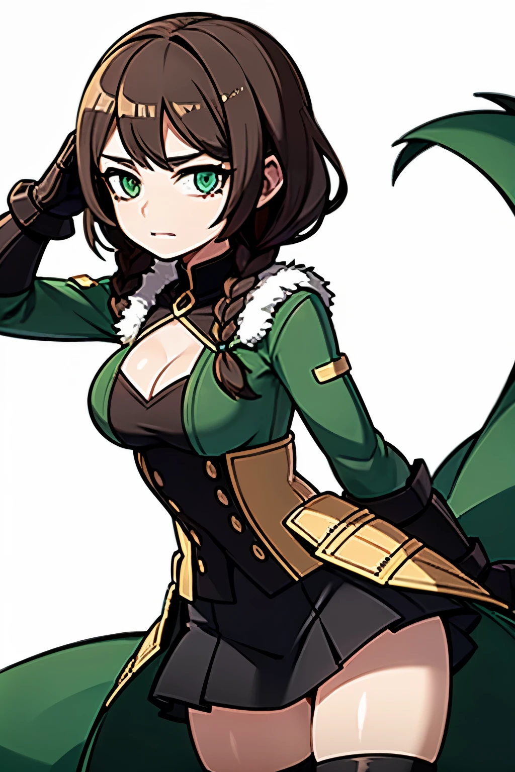 (8k, RAW photo, best quality), ultra-detailed, 1girl, solo, anime, sexy, female, woman, Game, four (drakengard 3), black and green,fur coat with fur trim, white,skirt, green,knee socks with black pattern, high boots, hand,right hand,iron glove, brown hair,two braids,on the back of the head, light green eyes, from above,
