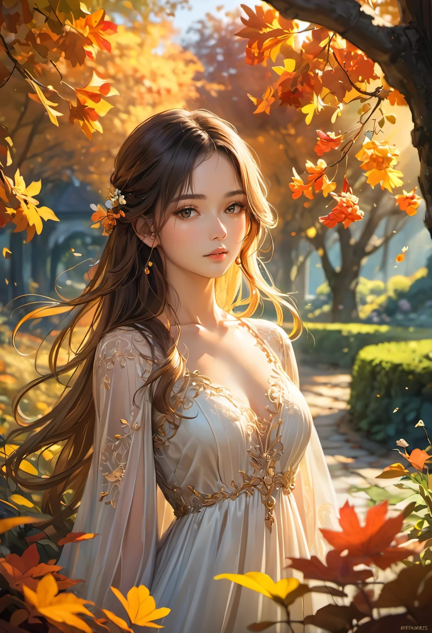 (Best quality:1.2),Ultra-detailed,Realistic,Portraits,Landscape,Beautiful girl in a garden,Soft lighting,Exquisite details,Colorful flowers,Golden sunlight,Graceful pose,Delicate features,Flowing dress,Serene expression,Long flowing hair,Mystical atmosphere,Autumn colors,Subtle shadows,Blurred background,Fine textures,Artistic brushstrokes,Intense gaze,Ethereal beauty,Natural surroundings,Visual storytelling,Dreamlike quality,Peaceful ambiance,Natural poses,Warm hues,Play of light and shadows,Airy atmosphere,Natural sunlight,Immersive experience,Harmonious composition,Dynamic Energy,Natural beauty,Grace and elegance,Subtle nuances