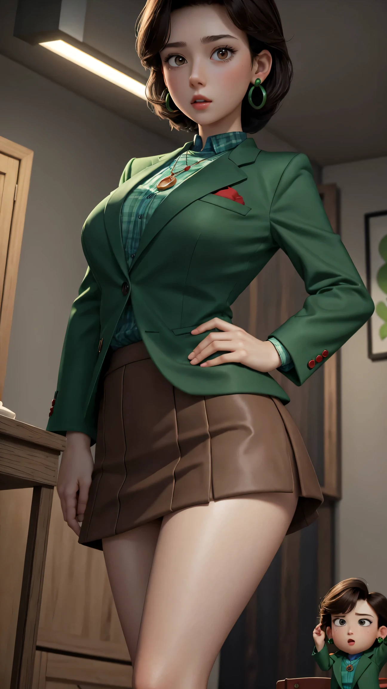 1girl, Short dark brown hair, brown eyes, gentle expression, pale skin, green earrings, green blazer, blue shirt, red pendant necklace, standing, cartoon, (pixar:1.2), mini skirt, tall, huge breasts, wide hips, fll body view