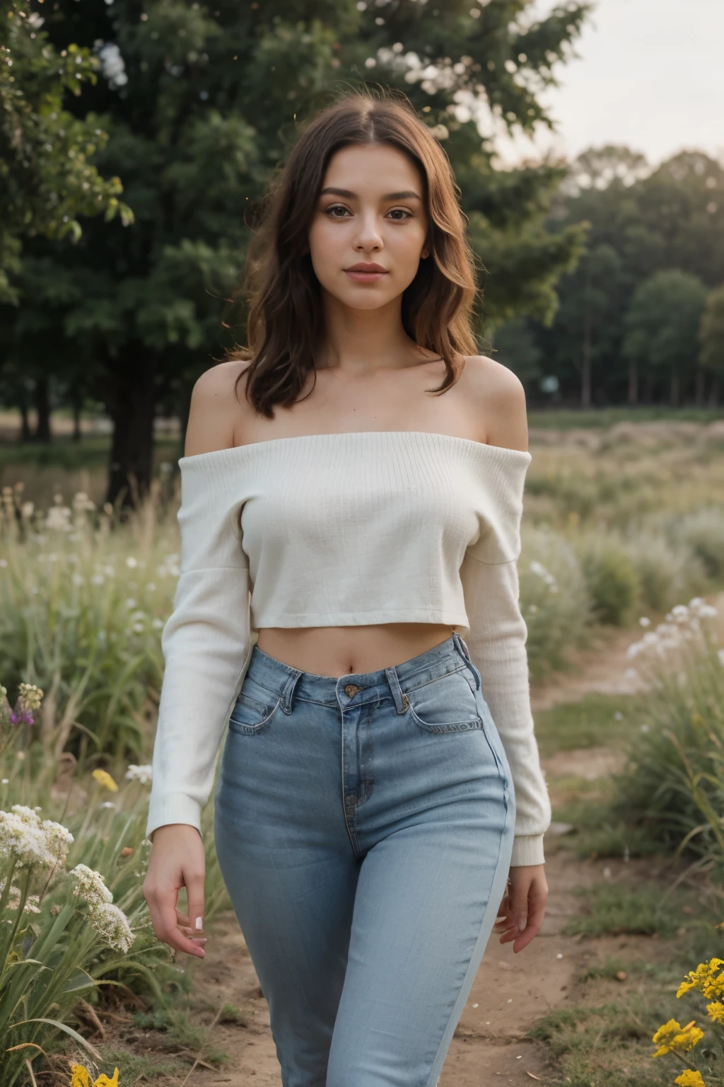 "Paint a vivid picture of a stunning young woman, 23 years of age, standing gracefully at 6 feet tall, possessing an exquisite hourglass figure. Capture her in hyperrealistic detail, from the gentle curve of her lips to the sparkle in her eyes, radiating an aura of elegance and beauty Envision her in a fitted, off-the-shoulder top paired with high-waisted jeans, exuding effortless chic as she strolls through a sun-kissed meadow, wildflowers dancing in the breeze behind her."