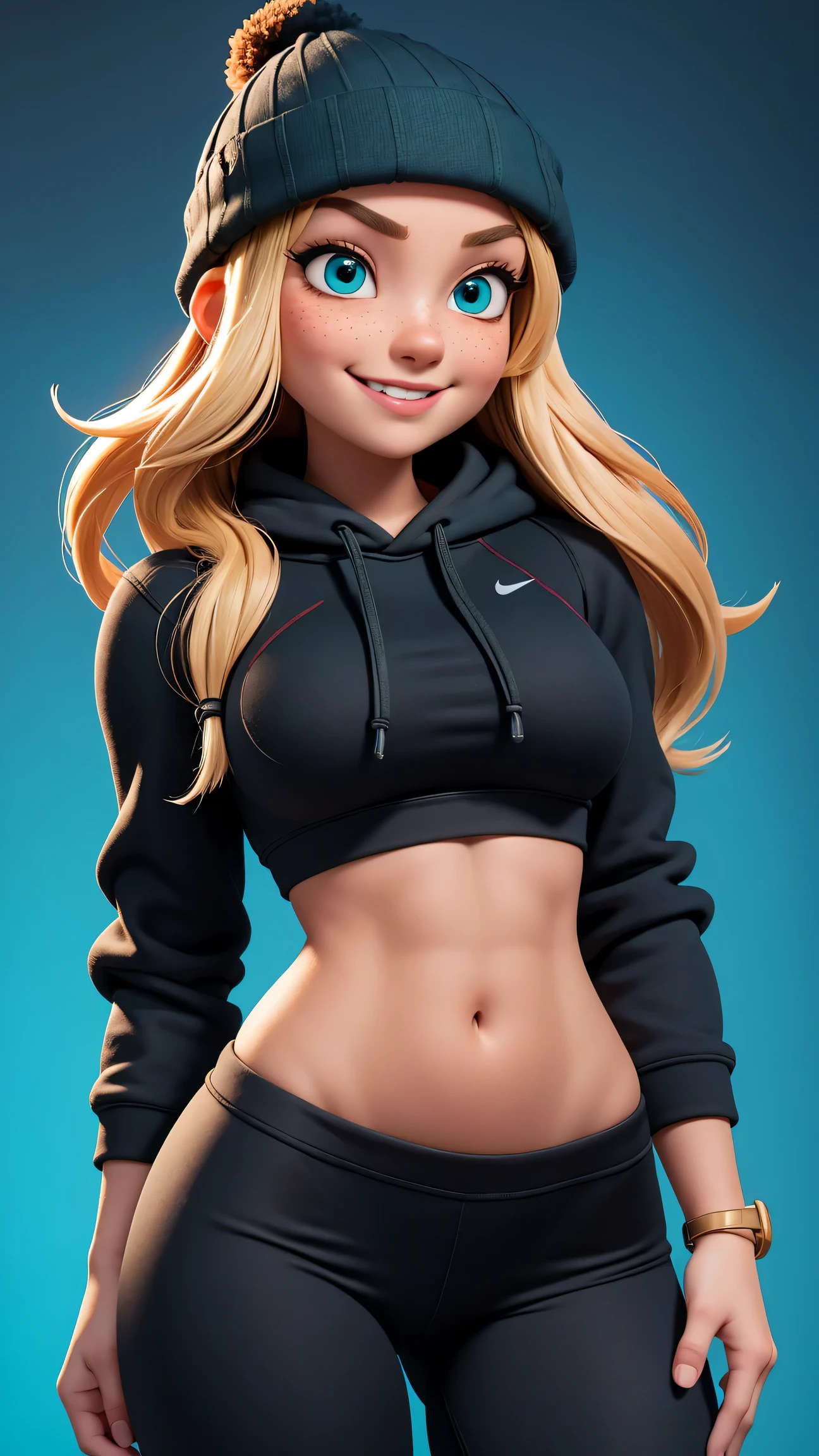 1girl, cute, teal eyes, smile, stylized, cute smile, very long blonde hair, thin eyebrows, slight freckles, anatomically correct, masterpiece, best high quality, ultra details, ((top quality)), ((masterpiece)) (detailed), cinematic lighting, complex, high detail, sharp focus, huge breasts, Best proportions Four fingers and one thumb, adult, (27 years old), standing, athletic, thick thighs, slim waist, thin waist, soft waist, curvy, curved thighs, thick, wide buttocks, slightly muscular arms, big thighs, black beanie, yoga pants , ( Nike Hoodie), skater girl, young