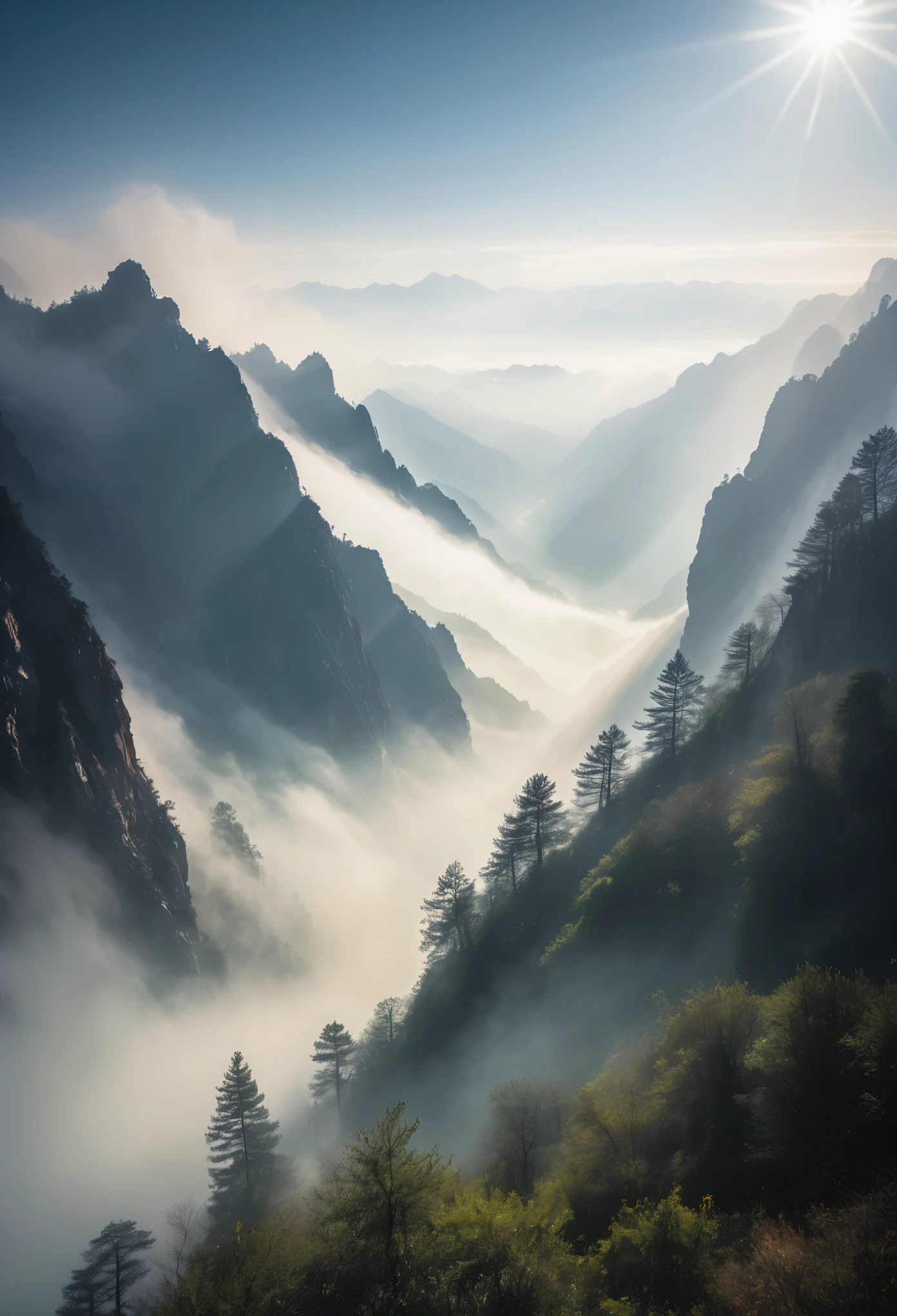 (Tyndall effect), landscape, mountainous landscape of China, mythical mountains, fog, sun rays piercing through the fog create beautiful light tyndall effects, mysticism, tranquility, film grain, 8k, lots of detail, raw photo,