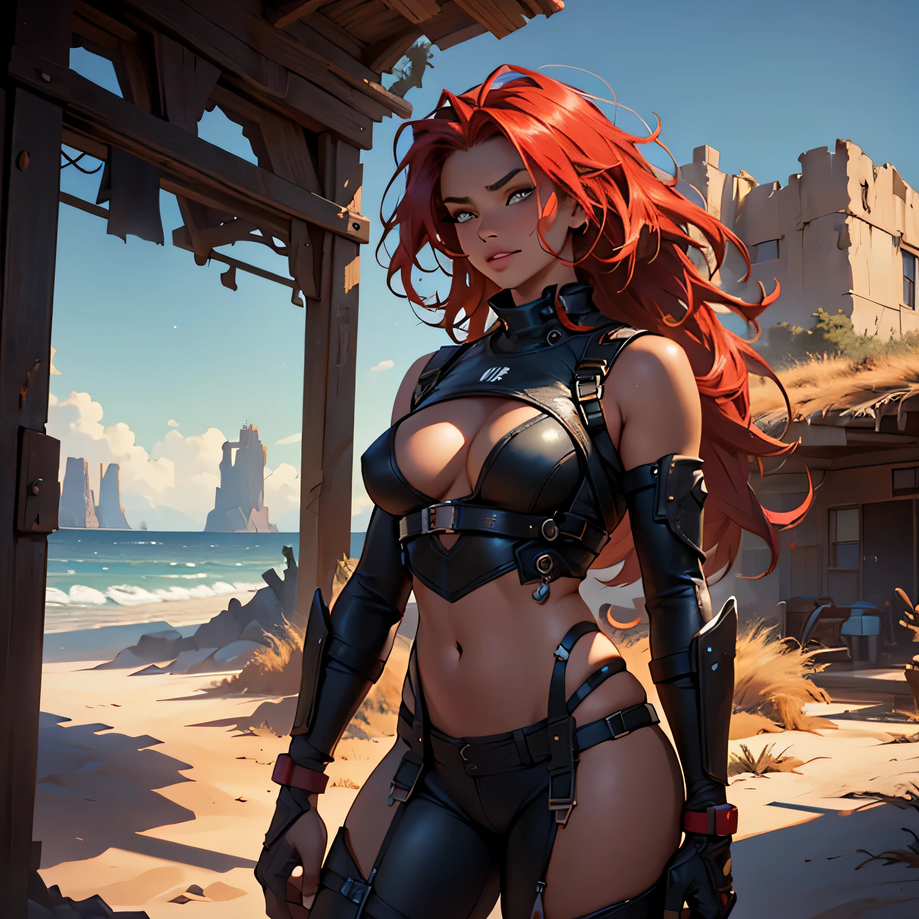 (Top Quality, 8k), Seductive woman in a post-apocalyptic setting, on an arid planet where the moon is unusually close, Ultra-detailed, Sexy, curvaceous figure, Radiant, shimmering skin, softly glowing in the dim light, Wearing tattered yet elegant clothing, Hints of intricate patterns and bold colors, Eye-catching accessories adorn her body, Hair styled in a wild, windswept mane, Lips slightly parted in a sultry expression, In the background, a hauntingly beautiful landscape of rust-red dunes and craggy cliffs, Glowing neon signs of abandoned structures peek