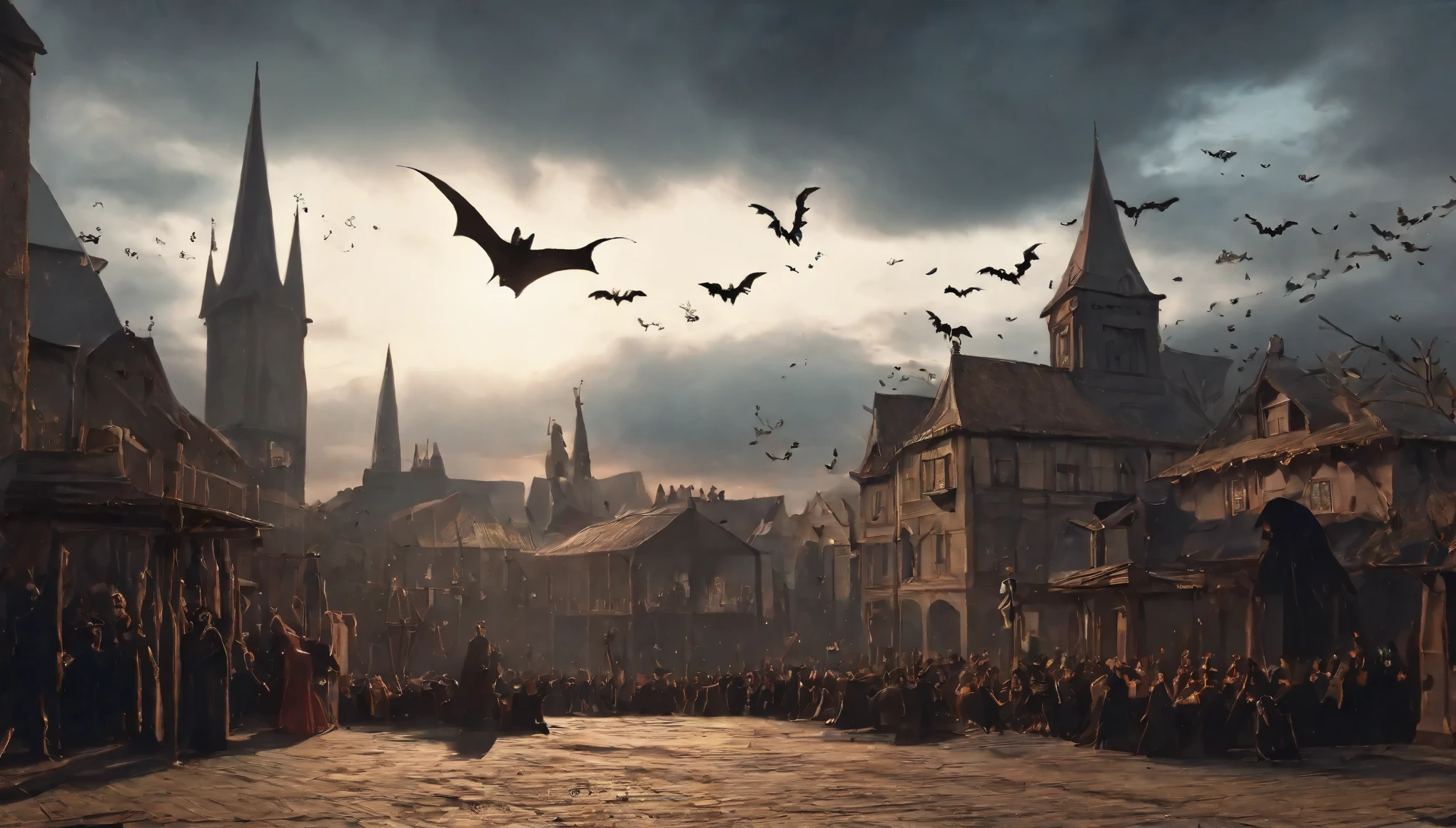 The image depicts a dark and macabre scenario of a gothic town square filled with people and bats flying in the air (1.1). Large groups of people are gathered. The sky is overcast and sullen. A group of 1b0 bast are flying in the air above. Tons of bats in the air. So many bats flying. gothic (1.1) (RAW photo., best quality), (realistic, Realistic), NVIDIA RTX Ray Tracing, octan render, high-resolution, beautiful, Awesome, finely and highly detailed, masterpiece, ultra-detailed, High, (best illustration), (best shadow), intricate, sharp focus, perfect composition, dark fantasy, volumetric mist, 8k UHD, DSLR, high quality, (grain of film: 1.4), Fujifilm XT3, art-station, smooth
