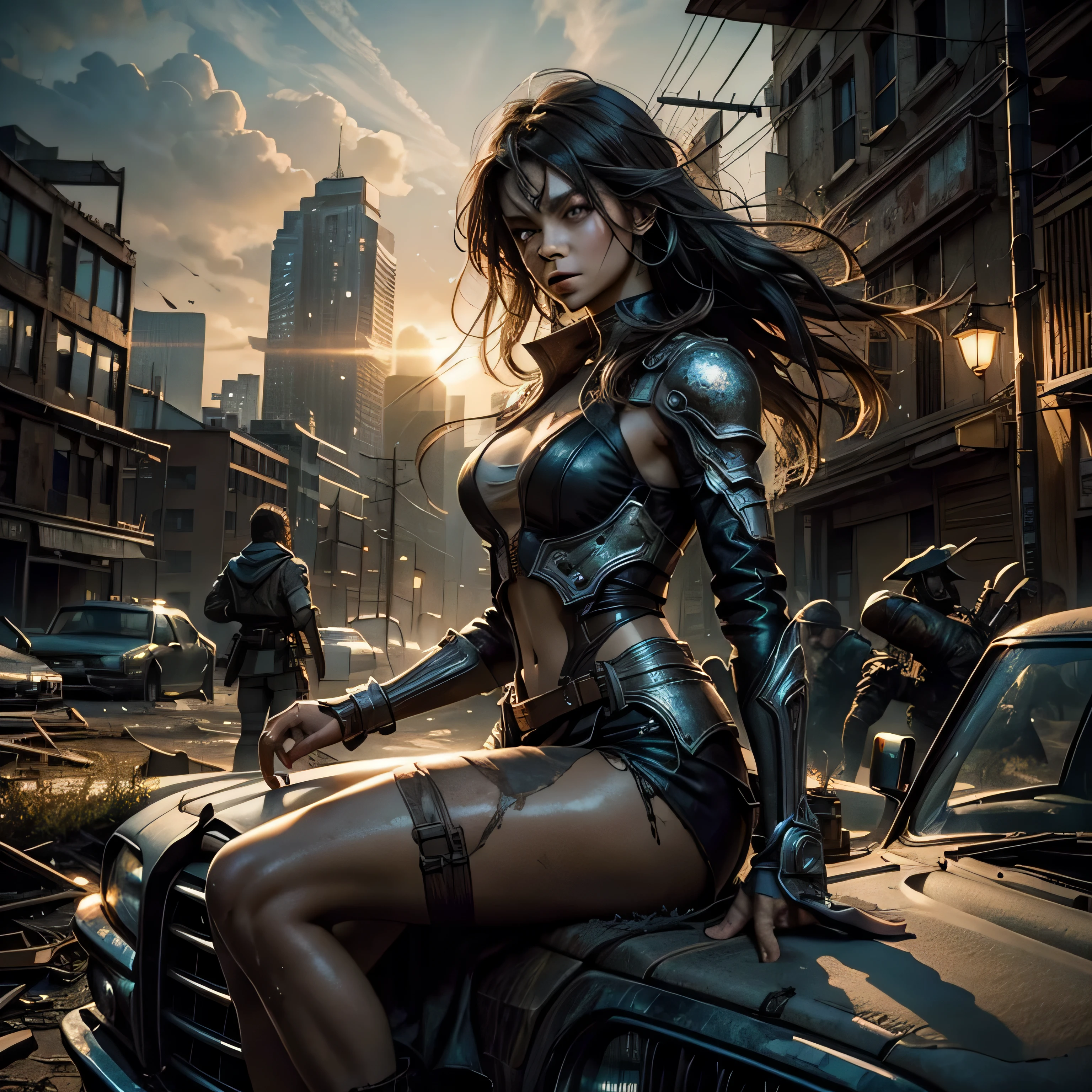 (Top Quality, 4k), A Beautiful Woman in a Post-Apocalyptic Setting, Fierce and Elegant Survivor, Radiant Beauty Amidst Ruins, Ultra-Detailed Description, Faded Yet Shimmering Outfit, Revealing Yet Modest Attire, Ragged Yet Stylish, Detailed Skin Texture showcasing sun-kissed weathered skin, Long, wavy, tousled hair catching the reflection of the lights, Intense gaze conveying resilience and determination, Dimly lit, Abandoned Cityscape, Calmly seated on a rusted vehicle, Lights flickering and dancing on her figure, casting