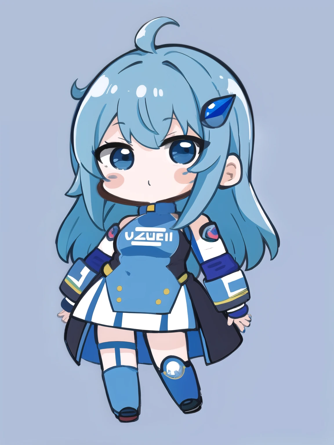 masterpiece, 1 blue hair girl, internet explorer-chan, best quality, highly detailed, nozochibi, 1girl, solo, blush stickers, (chibi:1.4), simple background, full body,frieren, long hair, cyberpunk dress, happy pose, cute girl with blue hair and blue eyes, cyberpunk style, simple background