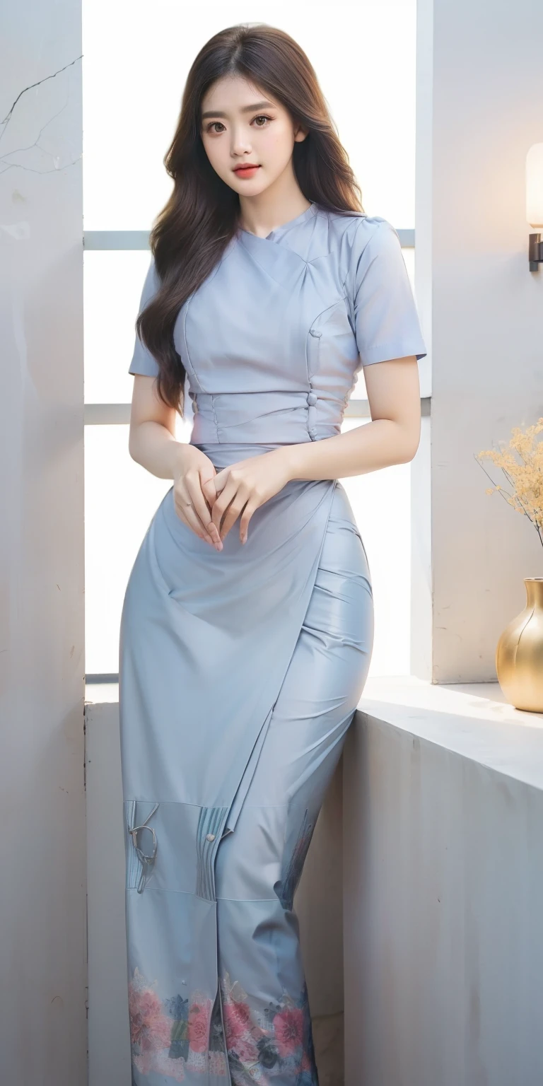 beautiful young woman, elegant clothes, ((wearing acmm outfit1.3)), wearing white acmm top, short sleeves white acmm top, buttons, wearing acmm long skirt, white and green printed acmm long skirt, , ((slim, )), photo modell, photorealistic, photo, cinematic lighting, masterpiece, realistic, realism, photorealism, high contrast, photorealistic digital art trending on Artstation 8k HD high definition detailed realistic, detailed, skin texture, hyper detailed, realistic skin texture, armature, best quality, ultra high res, (photorealistic:1.4),, high resolution, detailed, raw photo, sharp re, by lee jeffries nikon d850 film stock photograph 4 kodak portra 400 camera f1.6 lens rich colors hyper realistic lifelike texture dramatic lighting unrealengine trending on artstation cinestill 800,