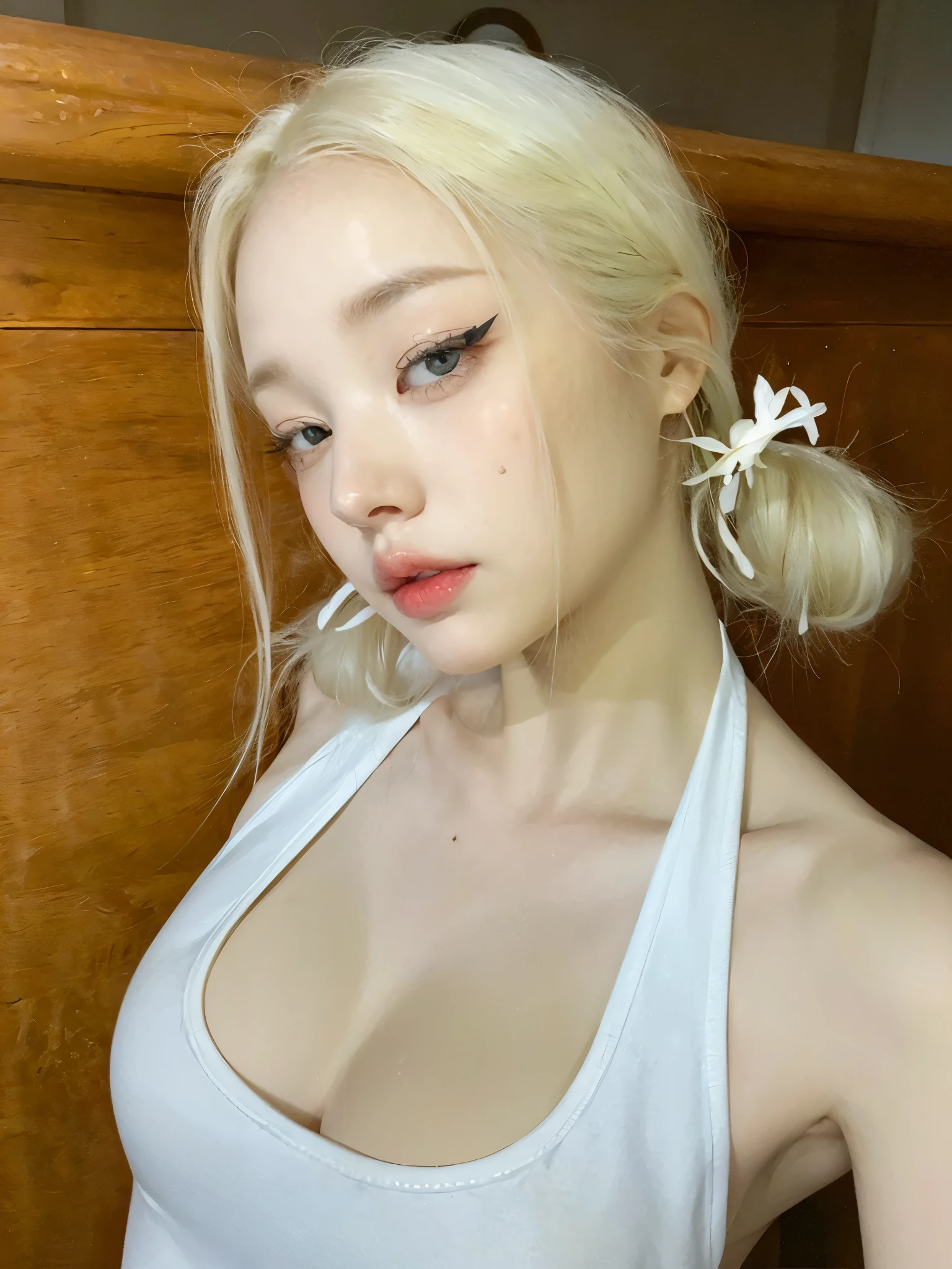 Mujer rubia con un top blanco y una flor blanca en el pelo., yelena belova, pale, shiny skin, pale and light skin!!, with pale skin, very very pale blonde hair, retrato de kim petras, pale ivory skin, ava max, cara como ester exposito, pale white skin, extremely pale blonde hair, pale skin curly blonde hair