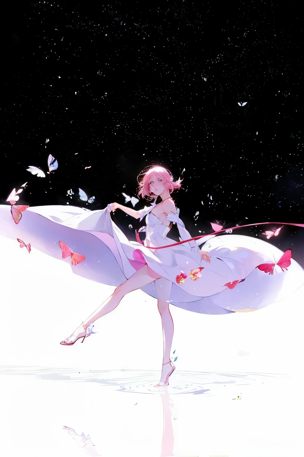 anime girl in white dress with pink hair and butterfly wings, inspired by Tosa Mitsuoki, anime girl walking on water, beautiful anime artwork, anime land of the lustrous, inspired by Eizan Kikukawa, beautiful anime art, a beautiful artwork illustration, by Yanagawa Nobusada, sakura petals around her, ayami kojima amano