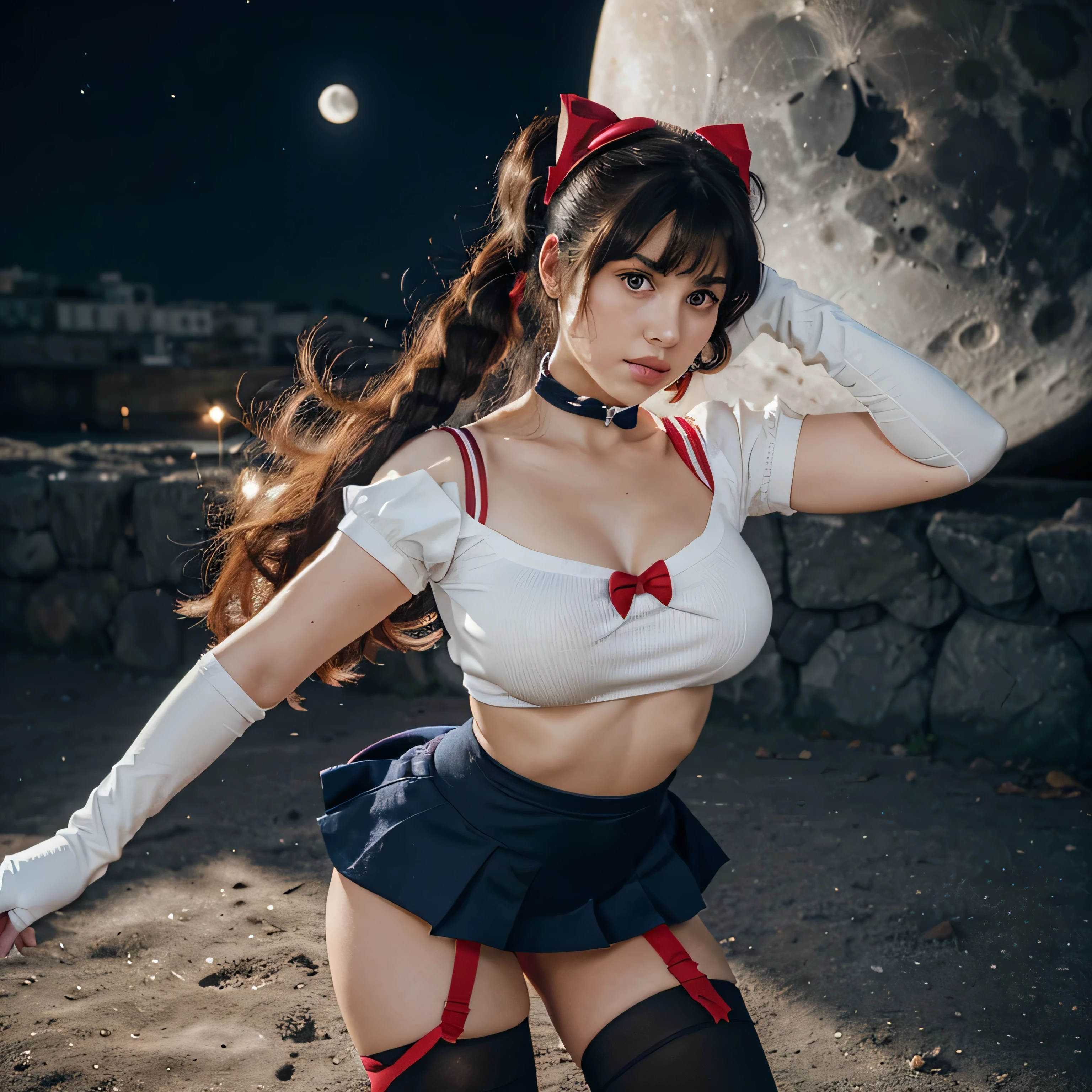 A beautiful hyperreal woman representing Sailor Moon. black hair, very big breasts, giant butt, tiny waist. Pigtails: She has long blonde hair that reaches approximately the middle of her back. Her distinctive hairstyle consists of two high, voluminous pigtails that extend up and out from the top of her head. Bows: At the base of each ponytail, Sailor Moon wears a large red bow that holds her hair in place. Bangs: She has short, blunt bangs that frame her face and curve up on the sides. Her outfit as Sailor Moon consists of the following elementoon Tiara: Sailor Moon wears a tiara with a crescent moon on it. Headband: Around her head, Sailor Moon wears a red headband with a bow in the center, which holds her lunar tiara in place. Ear hoops: He usually wears small gold hoop earrings in his ears. Bow Shirt: He wears a short-sleeved white shirt with a red bow on the neck. Skirt: Wear a short dark blue skirt. Shoulder Bows: He has two red bows on his shoulders, one on each side of his shirt. Gloves: He wears white gloves that cover his hands up to his elbows. Boots: Sailor Moon wears tall red boots with a yellow stripe on the top and a crescent moon on each boot. Stockings: Wear blue knee-high stockings. Shoulder Bows: He has two red bows on his shoulders, one on each side of his shirt. Gloves: He wears white gloves that cover his hands up to his elbows. Boots: Sailor Moon wears tall red boots with a yellow stripe on the top and a crescent moon on each boot. Stockings: Wear blue knee-high stockings.