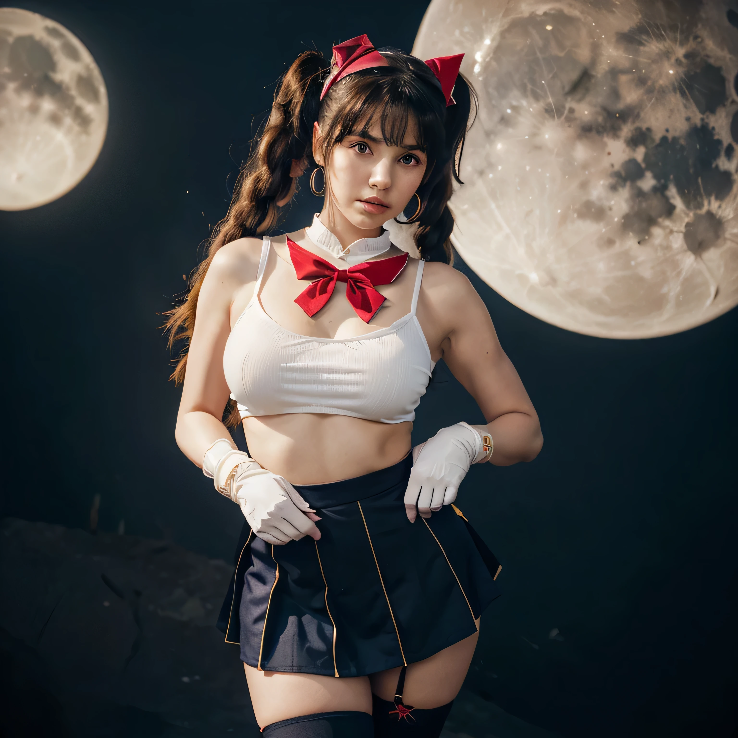A beautiful hyperreal woman who represents Sailor Moon. Black hair, very big breasts, giant butt, tiny waist. Pigtails: she has long black hair that reaches approximately the middle of his back. Her distinctive hairstyle consists of two high, voluminous pigtails that extend up and out from the top of her head. Bows: At the base of each ponytail, Sailor Moon wears a large red bow that keeps her hair in place. Bangs: She has short, blunt bangs that frame her face and curve to the sides. Her outfit as Sailor Moon consists of the following elements: Tiara: Sailor Moon wears a tiara. Headband: Around her head, Sailor Moon wears a red headband with a bow in the center, which keeps her tiara in place. Ear hoops: He usually wears small gold hoops in his ears. Bow Shirt: He wears a short-sleeved green shirt with a black bow on the neck. Skirt: Wear a short green skirt. Shoulder Bows: she has two red shoulder bows, one on each side of his shirt. Gloves: He wears green gloves that cover his hands up to his elbows. Boots: Sailor Moon wears tall green boots with a black stripe on the top and a crescent moon on each boot. Stockings: Wear black knee-high stockings. She is running at night
