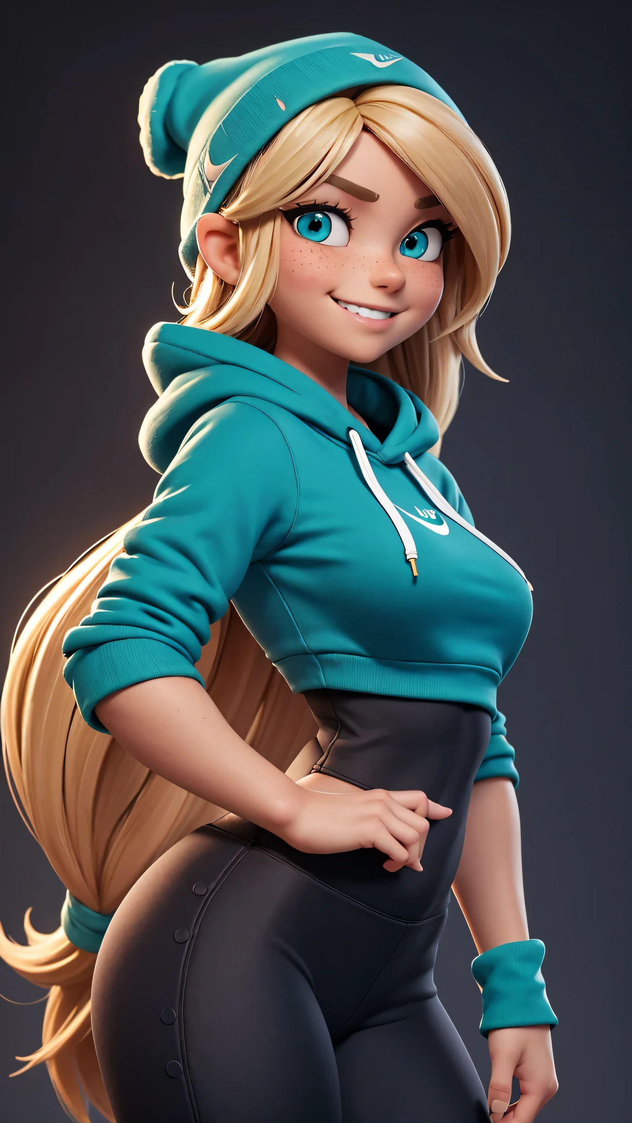 1girl, cute, teal eyes, smile, stylized, cute smile, very long blonde hair, thin eyebrows, slight freckles, anatomically correct, masterpiece, best high quality, ultra details, ((top quality)), ((masterpiece)) (detailed), cinematic lighting, complex, high detail, sharp focus, Best proportions Four fingers and one thumb, teenager, (************), standing, athletic, thick thighs, slim waist, thin waist, soft waist, curvy, curved thighs, thick, wide buttocks, slightly muscular arms, big thighs, black beanie, yoga pants , ( Nike Hoodie), skater girl, young