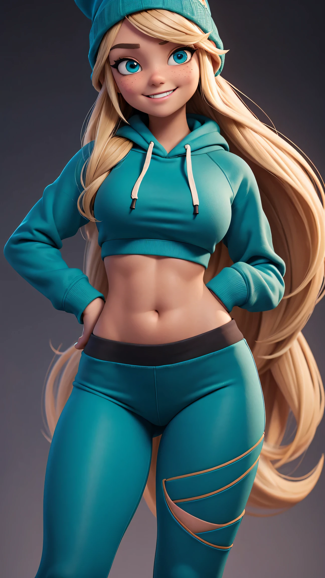 1girl, cute, teal eyes, smile, stylized, cute smile, very long blonde hair, thin eyebrows, slight freckles, anatomically correct, masterpiece, best high quality, ultra details, ((top quality)), ((masterpiece)) (detailed), cinematic lighting, complex, high detail, sharp focus, Best proportions Four fingers and one thumb, teenager, (************), standing, athletic, thick thighs, slim waist, thin waist, soft waist, curvy, curved thighs, thick, wide buttocks, slightly muscular arms, big thighs, black beanie, yoga pants , ( Nike Hoodie), skater girl, young