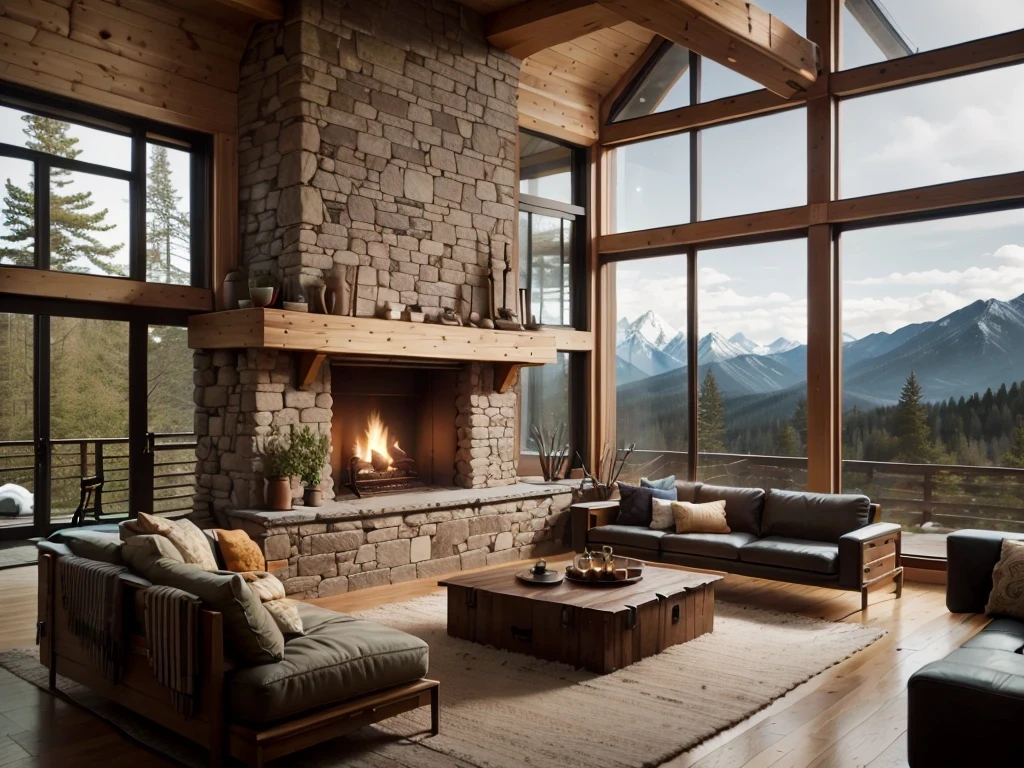 arafed living room with a fireplace and a large window, modern rustic, warm interiors, cozy contemporary living room, warm interior, integrated in the mountains, floor - to - ceiling windows, warm living room, cozy living room, cozy setting, cozy environment, cozy and calm, fire place roaring, epic natural light, floor to ceiling window, cozy place