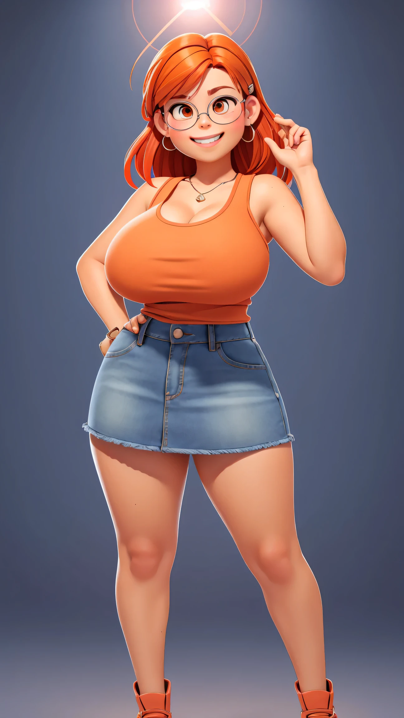 (best quality:1.4),(shiny skin), body focus, (cute face), (((best quality))), illustration, ((Beautiful Finger)), , Beautiful body, Beautiful character design, ,perfect lighting, Colorful, Bright_Front_face_Lighting, ultra high res, highres, absurdres:1.2, bokeh:1.2, lens flare, (vibrant_color:1.2), (Beautiful, huge breasts:1.4), full body view, mini skirt, adult, adult,
Reddish-orange hair, red hairclip, circular glasses, (brown eyes:1.2), tank top, smile (chubby:1), blue denim skirt, tall, long legs