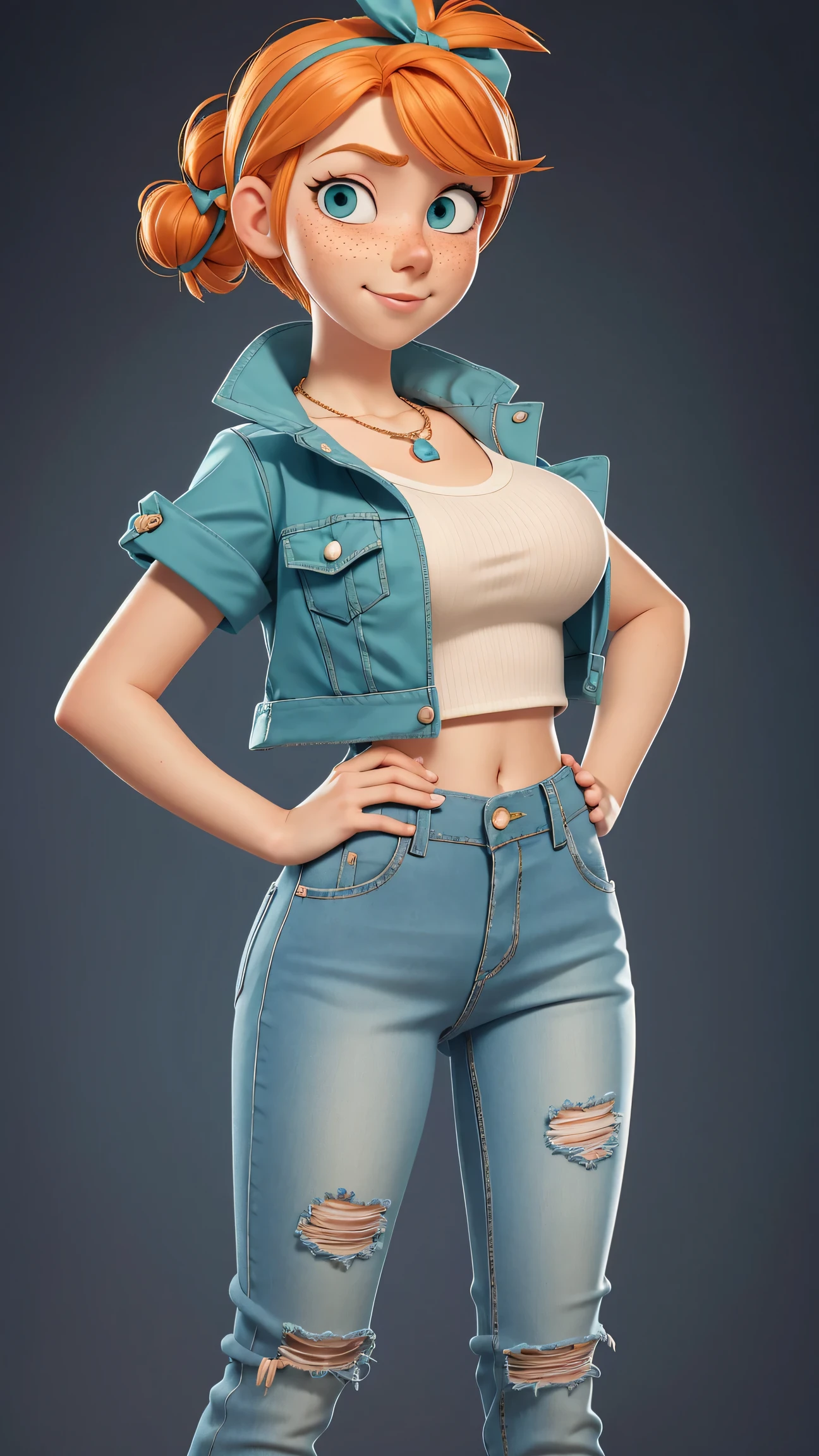 1girl, Orange hair in a bun, green eyes, slight smirk, freckles on cheeks, thin eyebrows, white necklace with a bow, teal jacket, pale skin, standing, cartoon, (pixar:1.2), Lucy Wilde, long nose, bangs, tight short jeans,full body view, wide hips, huge breasts, tight top, camel toe, large breasts, huge breasts, camel toe, wide hips