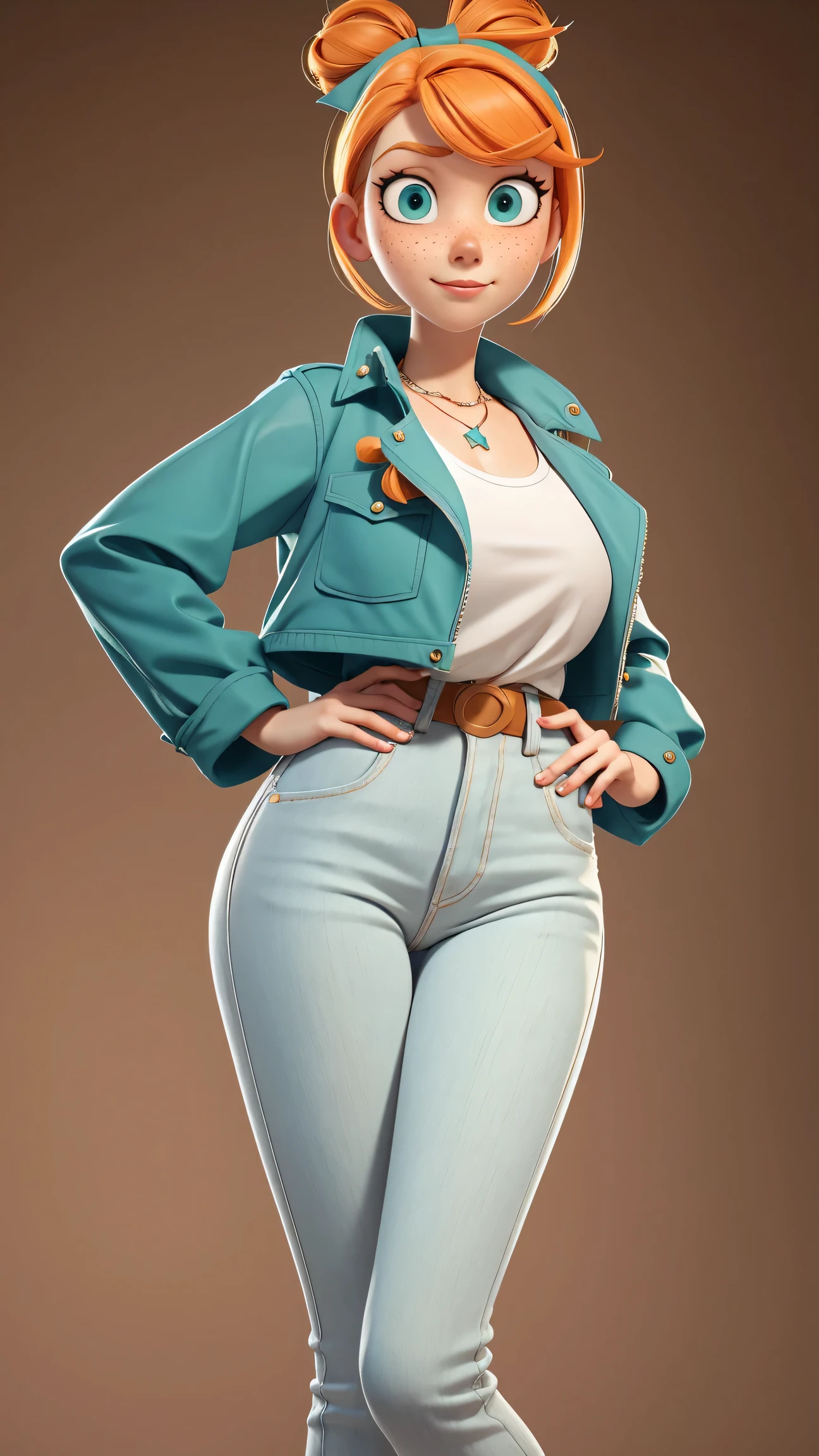 1girl, Orange hair in a bun, green eyes, slight smirk, freckles on cheeks, thin eyebrows, white necklace with a bow, teal jacket, pale skin, standing, cartoon, (pixar:1.2), Lucy Wilde, long nose, bangs, tight short jeans,full body view, wide hips, huge breasts, tight top, camel toe, large breasts, huge breasts, camel toe, wide hips