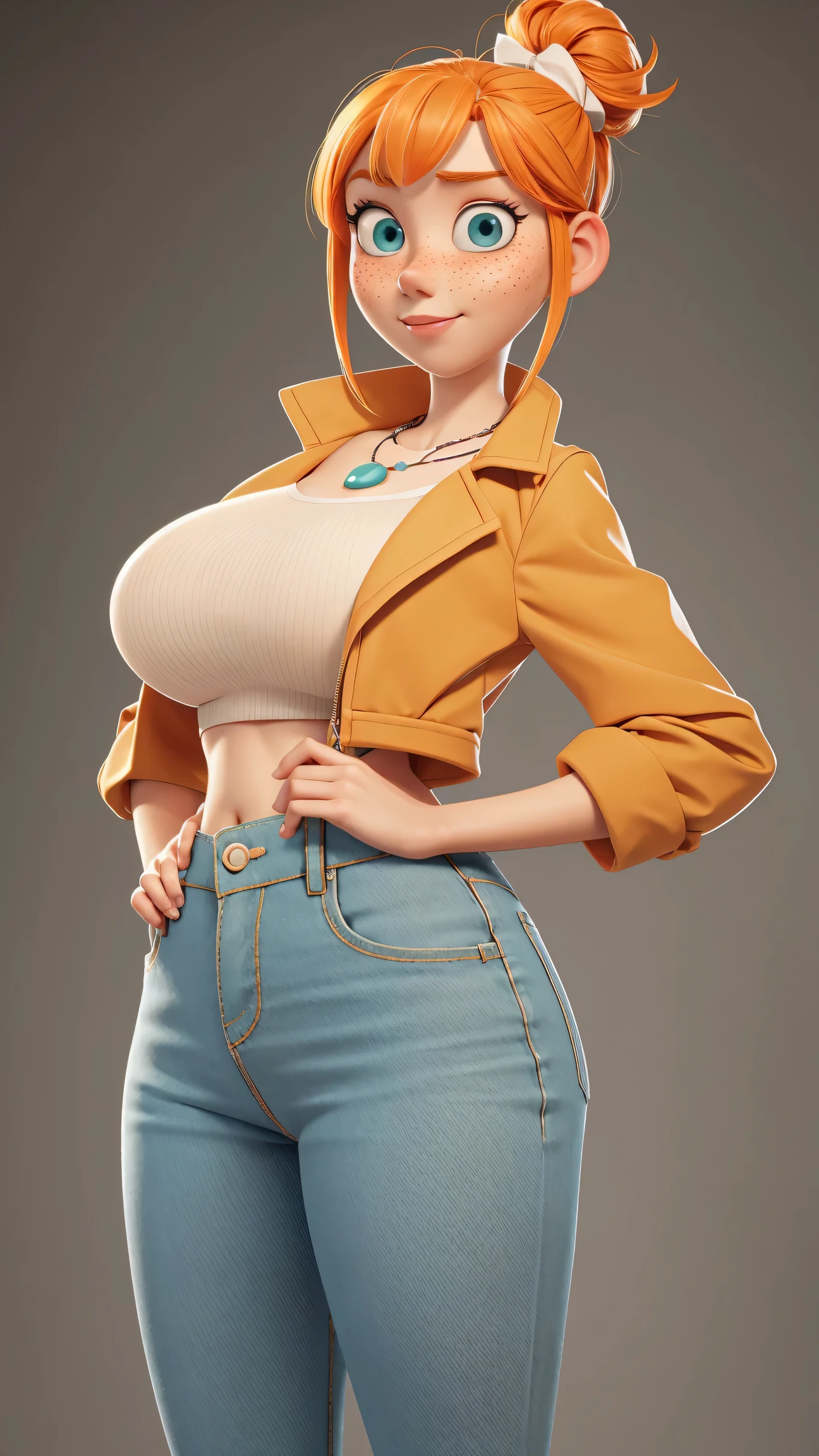 1girl, Orange hair in a bun, green eyes, slight smirk, freckles on cheeks, thin eyebrows, white necklace with a bow, teal jacket, pale skin, standing, cartoon, (pixar:1.2), Lucy Wilde, long nose, bangs, tight short jeans,full body view, wide hips, huge breasts, tight top, camel toe, large breasts, huge breasts, camel toe, wide hips