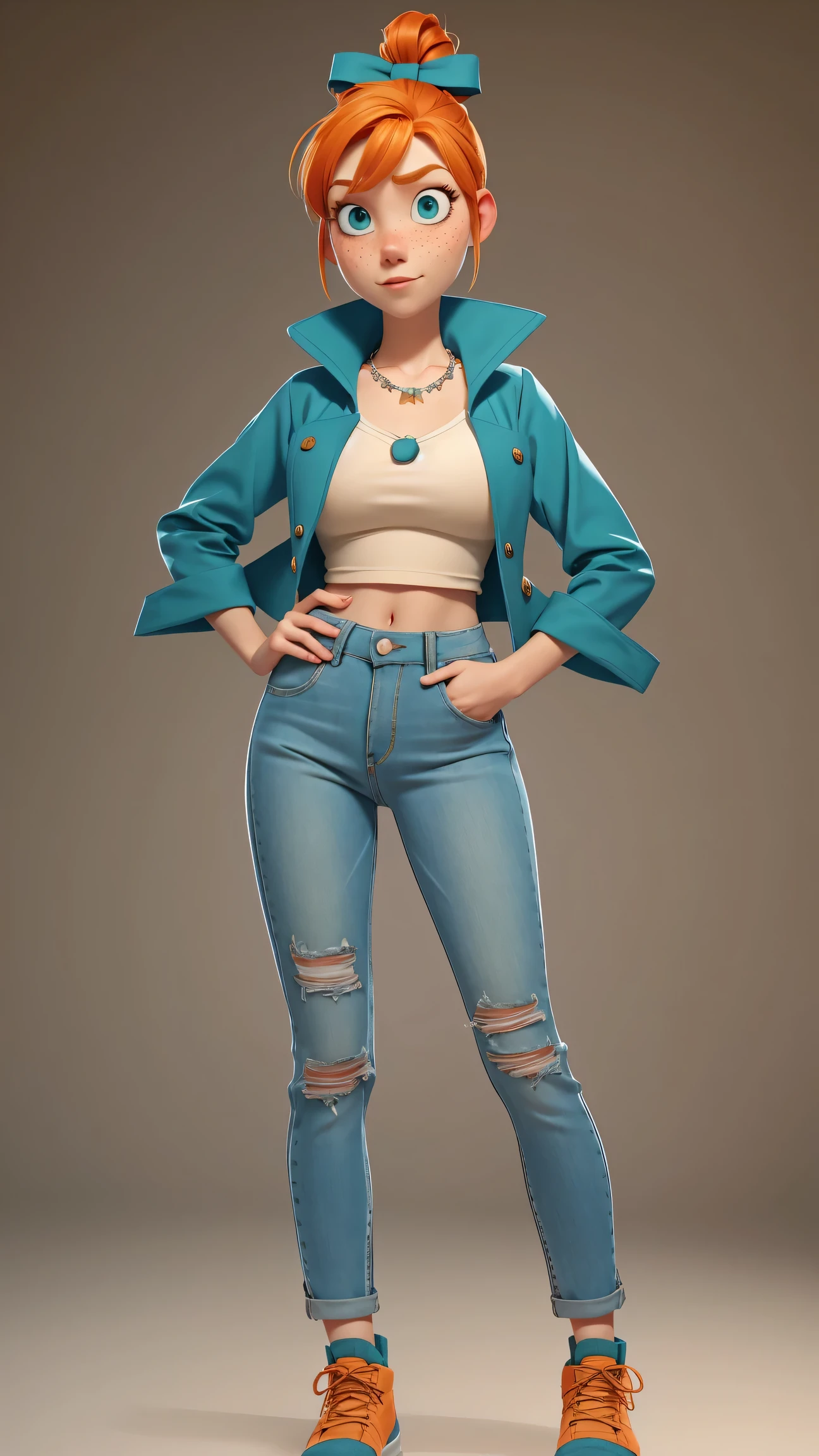 1girl, Orange hair in a bun, green eyes, slight smirk, freckles on cheeks, thin eyebrows, white necklace with a bow, teal jacket, pale skin, standing, cartoon, (pixar:1.2), Lucy Wilde, long nose, bangs, tight short jeans,full body view, wide hips, huge breasts, tight top, camel toe, large breasts, huge breasts, camel toe, wide hips