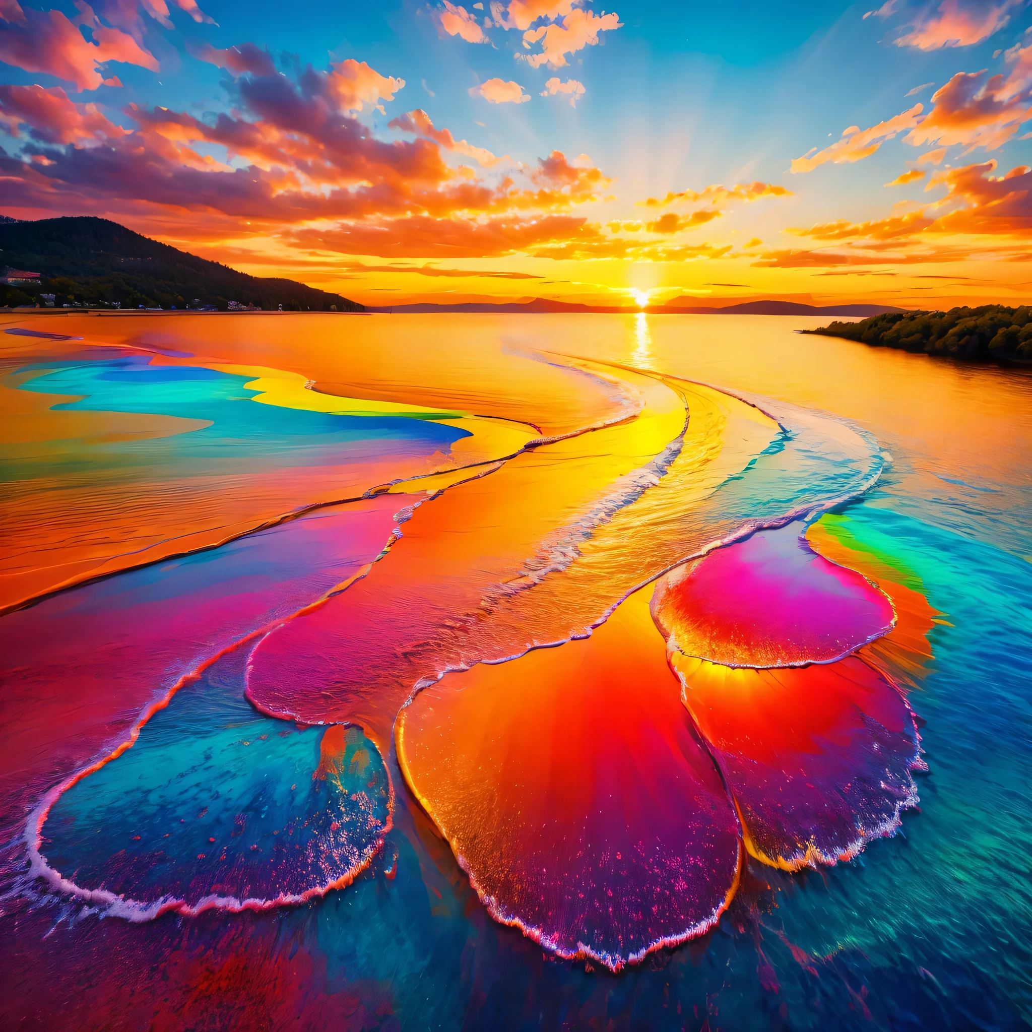 Generate a high-resolution photorealistic image of an abstract representation evoking joy, utilizing vibrant colors reminiscent of a summer sunset.