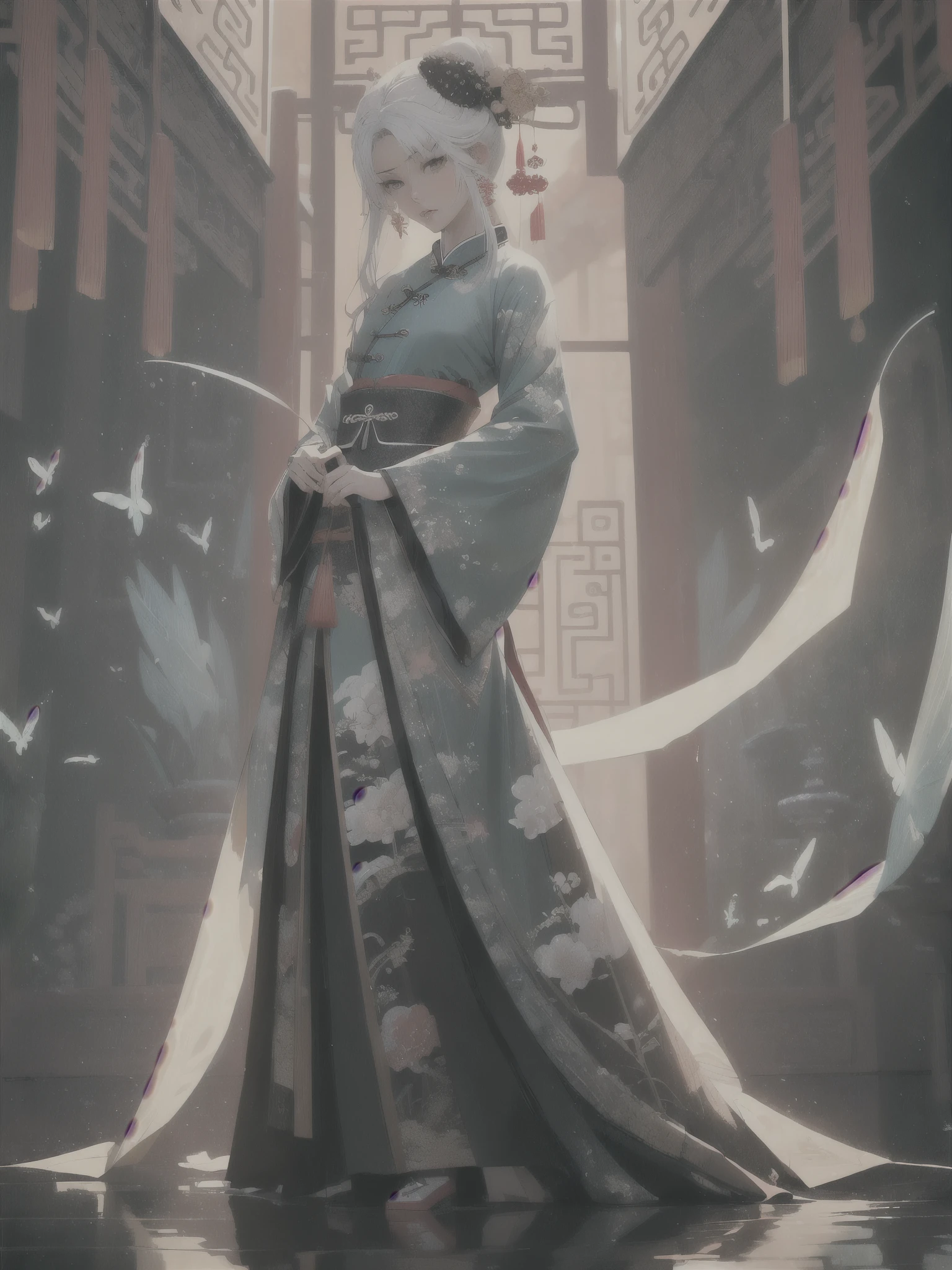 (Masterpiece:1.2, high quality), (pixiv:1.4),(Gongbi painting of the Song Dynasty:1.4)(wide-angle lens,Panoramic:1.2),(imid shot:0.95),(imid shot,macro shot:1.25),Dynamic Angle, Perspective, High Point,
masterpiece, best quality, 8k, insane details, intricate details, hyperdetailed, hyper quality, highancient China(Chinese architecture:1.5)Braid(mature female:1.5),sideways glance, (cold attitude:1.2),
Eyebrows like early spring willow leaves, often with rain hate cloud sorrow, Face such as peach blossom in March, hidden amorous month.   Thin waist curl, constrained yan lazy warbler languid, Sandalwood mouth light, seduce the bee crazy butterfly chaos.   Enchanting jade speech, beautiful jade fragrance,
A shot with tension(sky glows red,Visual impact,giving the poster a dynamic and visually striking appearance:1.2),close-up,(imid shot,macro shot:1.25),(Detailed face description),(Detailed hair description),(Detailed clothes description),
{Extremely Delicate Beautiful},(detailed eye description),((Delicate Faces)),(Beautiful and detailed facial depiction),
(beautiful face),thin face,slim,oval face,perfect face,delicate face,eyes detailed, Milky skin,(full body:1.8), white hair, 
