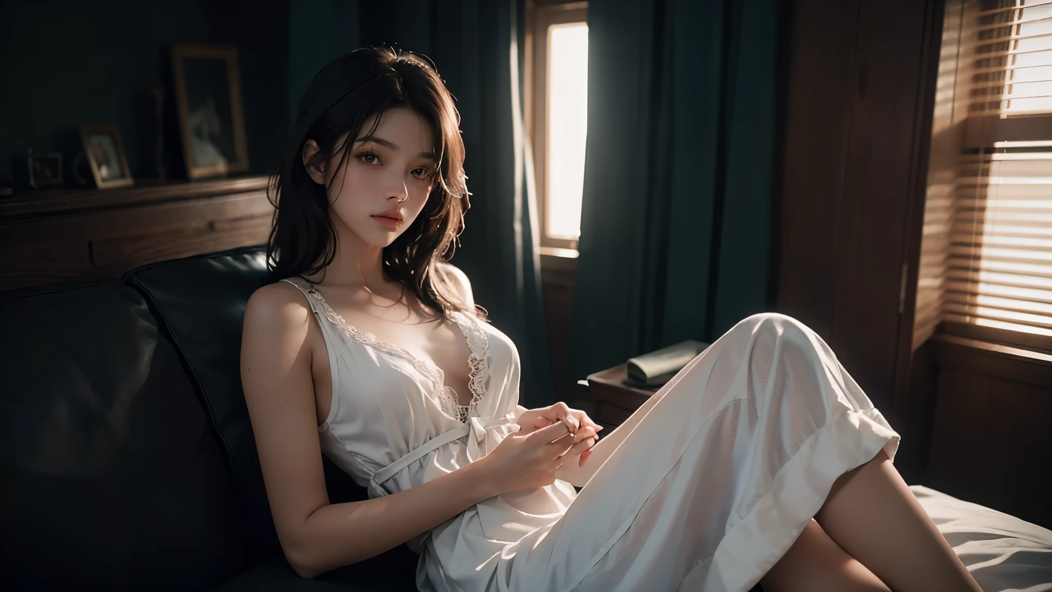 1 girl, Best quality, masterpiece, ultra high res, (photorealistic:1.4), raw photo, 1girl, white night gown, cinematic lighting, half body view, half body shot