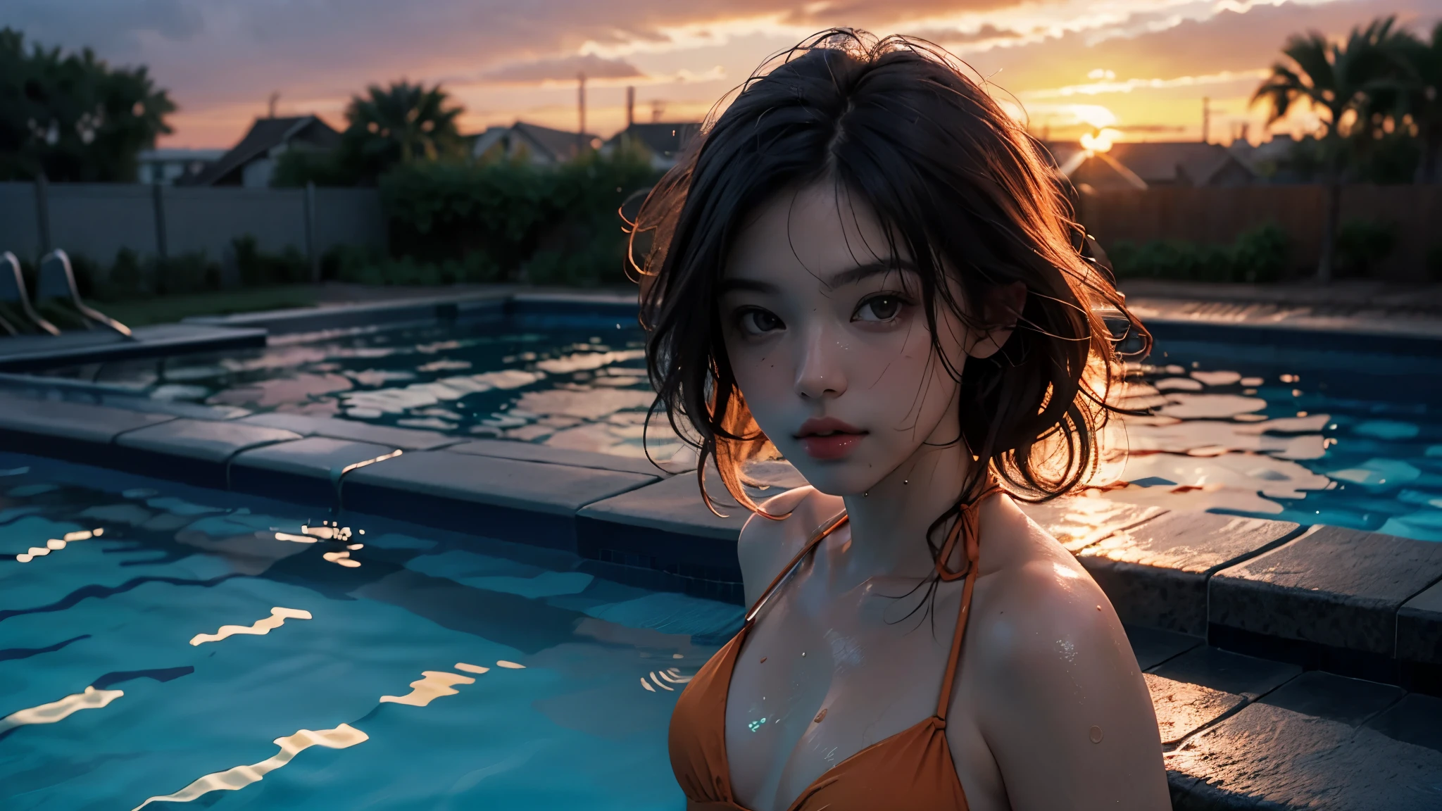 Best quality, masterpiece, ultra high res, (photorealistic:1.4), raw photo, 1girl, bikini, cinematic lighting, half body view, half body shot, ((swimming pool)), ((sunset)), orange sunlight on hair,