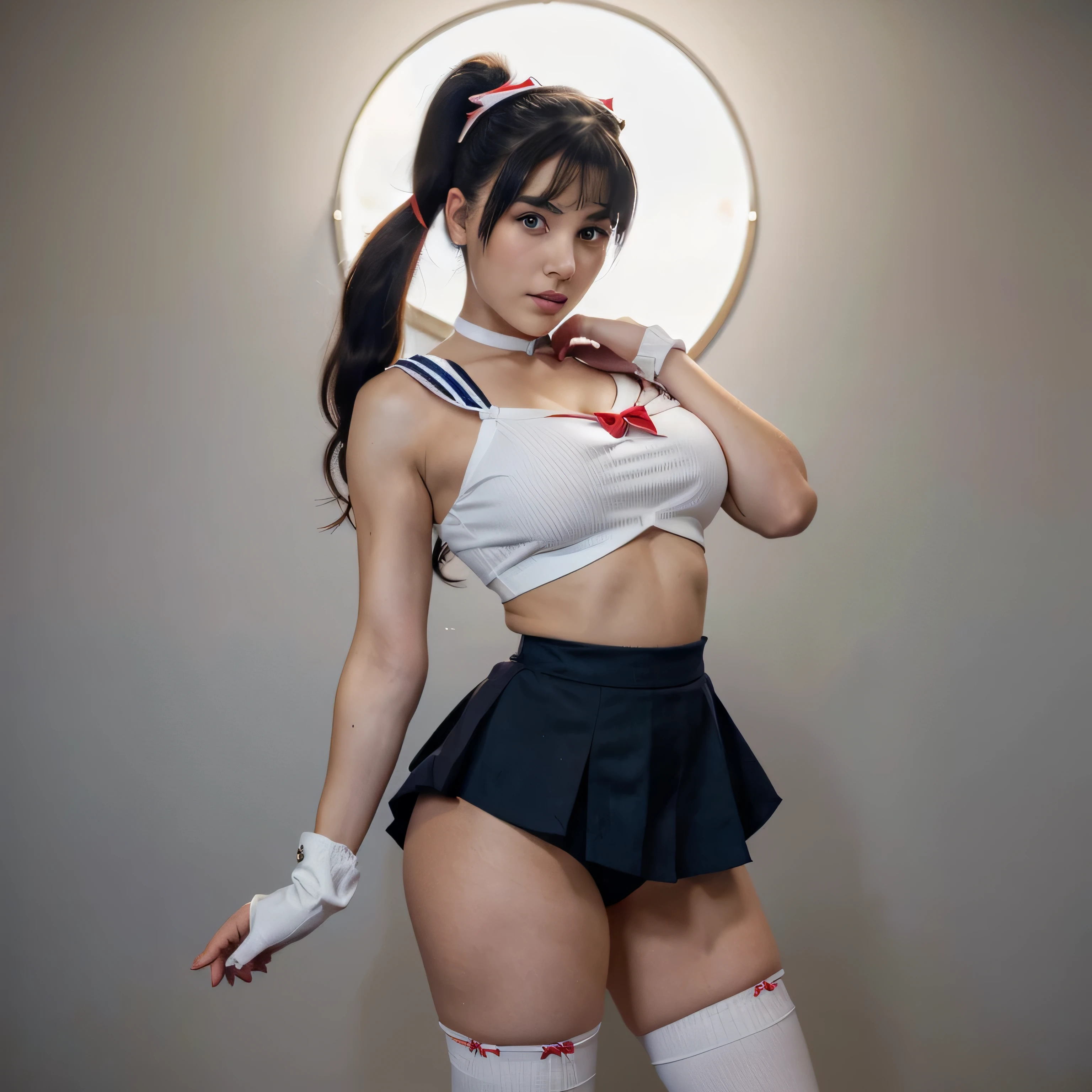 A beautiful hyperreal woman representing Sailor Moon. black hair, very , giant butt, tiny t. His face has Japanese anime features. Pigtails: She has long black hair that reaches approximately the middle of her back. Her distinctive hairstyle consists of two high, voluminous pigtails that extend up and out from the top of her head. The pigtails are quite large. Bows: At the base of each ponytail, Sailor Moon wears a large red bow that holds her hair in place. These red bows are an important element in its design and are an integral part of its appearance. Bangs: She has short, blunt bangs that frame her face and curve up on the sides. Her outfit as Sailor Moon consists of the following elementoon Tiara: Sailor Moon wears a tiara with a crescent moon in the center on top of her forehead. Headband: Around her head, Sailor Moon wears a red headband with a bow in the center, which holds her lunar tiara in place. Ear hoops: He usually wears small gold hoop earrings in his ears. Bow Shirt: He wears a short-sleeved white shirt with a red bow on the neck. Skirt: Wear a short dark blue skirt. Shoulder Bows: He has two red bows on his shoulders, one on each side of his shirt. Gloves: He wears white gloves that cover his hands up to his elbows. Boots: Sailor Moon wears tall red boots with a yellow stripe on the top and a crescent moon on each boot. Stockings: Wear blue knee-high stockings. Shoulder Bows: He has two red bows on his shoulders, one on each side of his shirt. Gloves: He wears white gloves that cover his hands up to his elbows. Boots: Sailor Moon wears tall red boots with a yellow stripe on the top and a crescent moon on each boot. Stockings: Wear blue knee-high stockings. She is kicking hard.