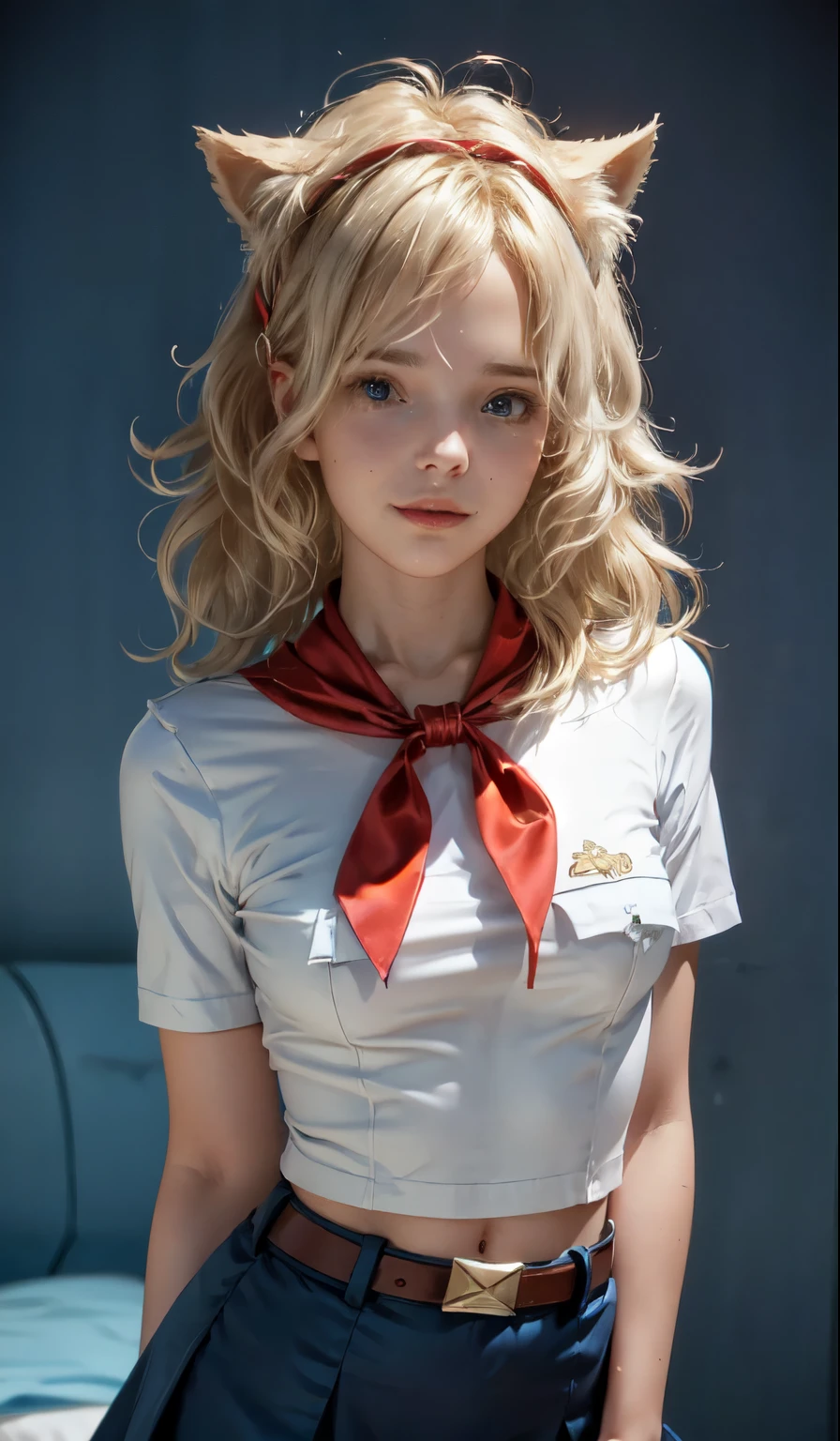 very young slim fit girl, full height, rounded face, (long curly disheveled blond hair:1.4), big blue eyes, shy smile, perfect medium breast, band on head with fake cat ears, monroe, pioneer neckerchief, short tight blue pleated skirt, bangs, tight white shirt, short sleeves, collared shirt, belt, red neckerchief, breast pocket