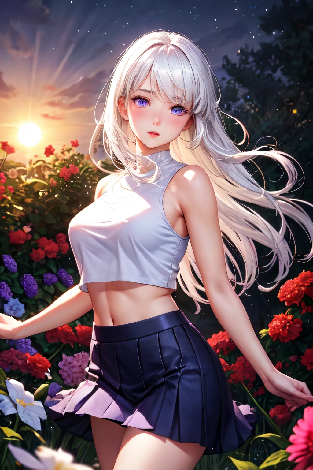 realistic, 1girl, white hair, purple eyes, glowing eyes, crop top, skirt, parted lips, blush, night, flowers, sun, sunlight