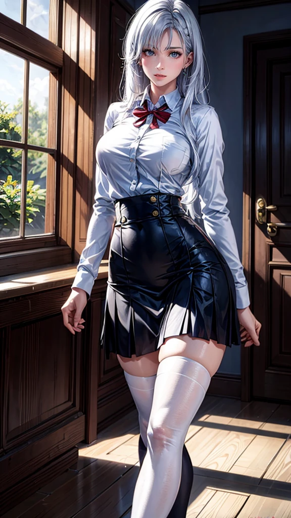 (((1 girl)),Ray Tracing,(Dim lighting),[Detailed Background (living room)),((Silver Hair)),(Silver Hair)),((Fluffy Silver Hair, Plump and slim girls)) Raised ponytail))) Avoid golden eyes in the ominous living room ((((The girl is wearing a white opaque shirt, Black wrinkled skirt and black transparent stockings), Showing off a delicate, slender figure and graceful curves, Correct limbs, Put your hands behind your head, Put your hands behind your head, Put your hands behind your head , Eye details, Beautiful Eyes, Delicate eyes, blue eyes