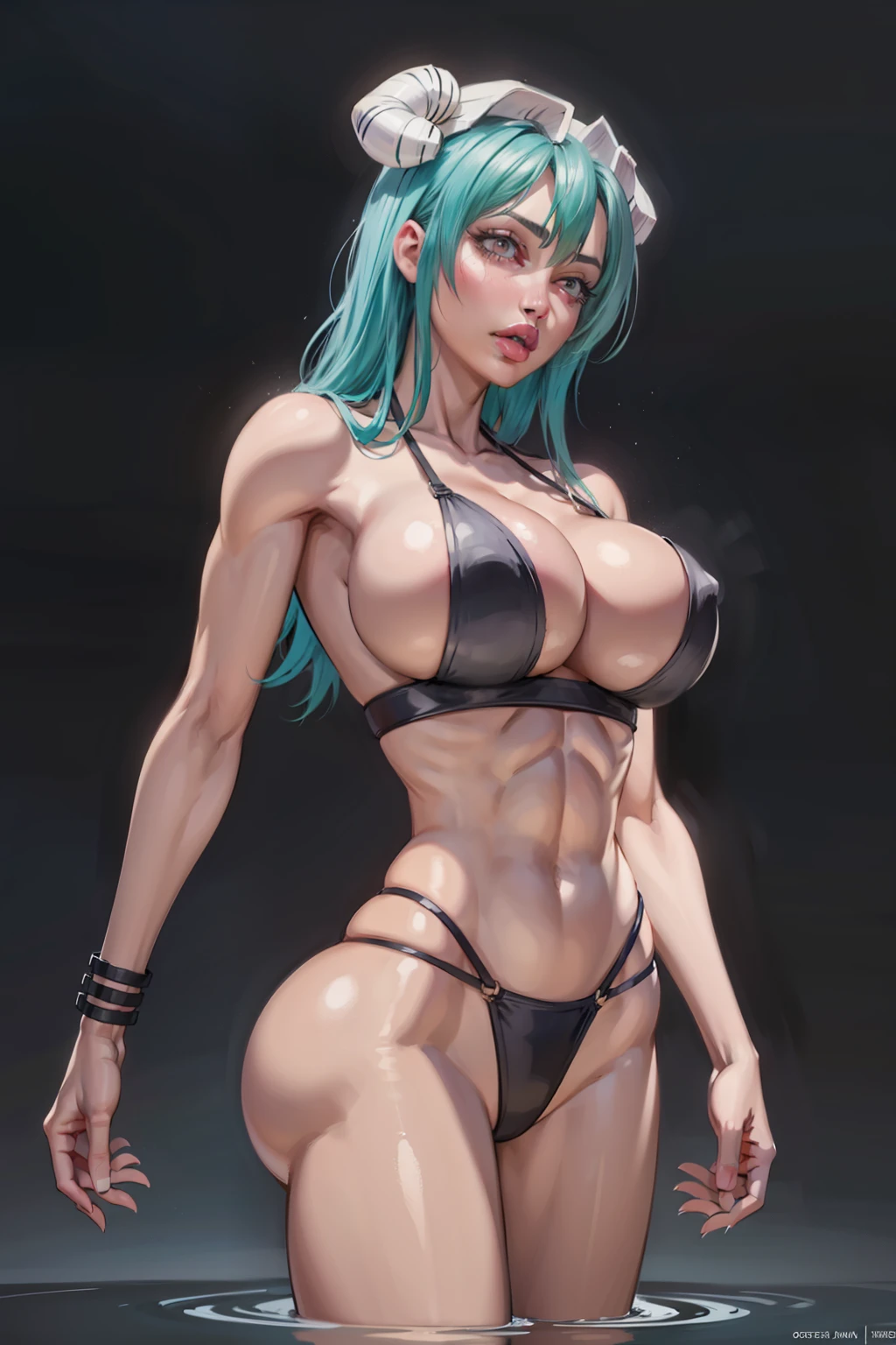 ((best quality, masterpiece, absurdres, super-resolution)) ((front view)), photo of beautiful nelliel, solo, ((nelliel)), bleach universe, hair, standing in hueco mundo, from far, ((lime green hair)), ((swimsuit)), glossy, arrancar, beautiful anime eyes with luster reflection, beautiful, (gigantic breasts), slendered abs, hip dips, dark void on background, ((dark colors, Volumetric lighting)), baroque oil painting by Greg Rutkowski, Artgerm, WLOP, dynamic angle, mystical expression, dark glow effect, fantasy background, rim lighting, side light,