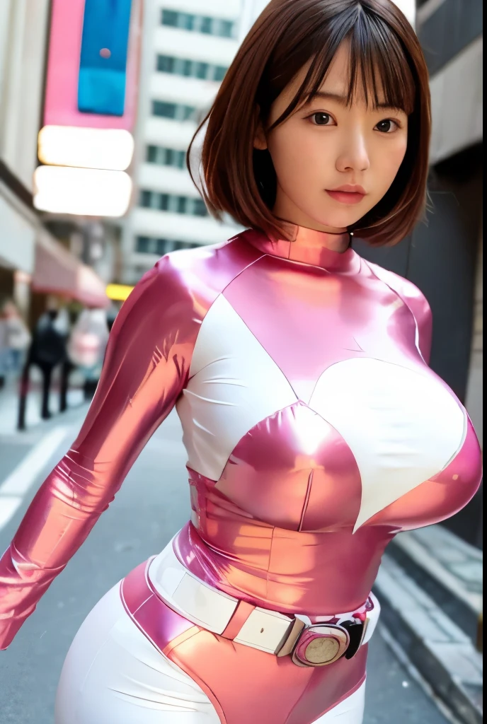 PinkRanger, enakorin, 1girl, A beautiful 20 years old Japanese girl, Angelic, cute,
Beautiful detailed eyes, 
(Large eyes:1.3),long eyelashes,
see-through bangs,
(beautiful detailed face and eyes:1.4), 
Beautiful short dark hair,
slightly smiling,
(Best Quality:1.2),
Raw photo, 
High resolution, 
perfect detail, 
Professional Photography, 
Professional Lighting,BREAK  (Metallic Coral Pink and White Full Bodysuit:1.3) , Ultra-tight fit bodysuit, Huge breasts ,Walking,Beautiful legs, Strong lighting of the bodysuit,In the city,Brown hair,Big breast, sexy figure:1.4