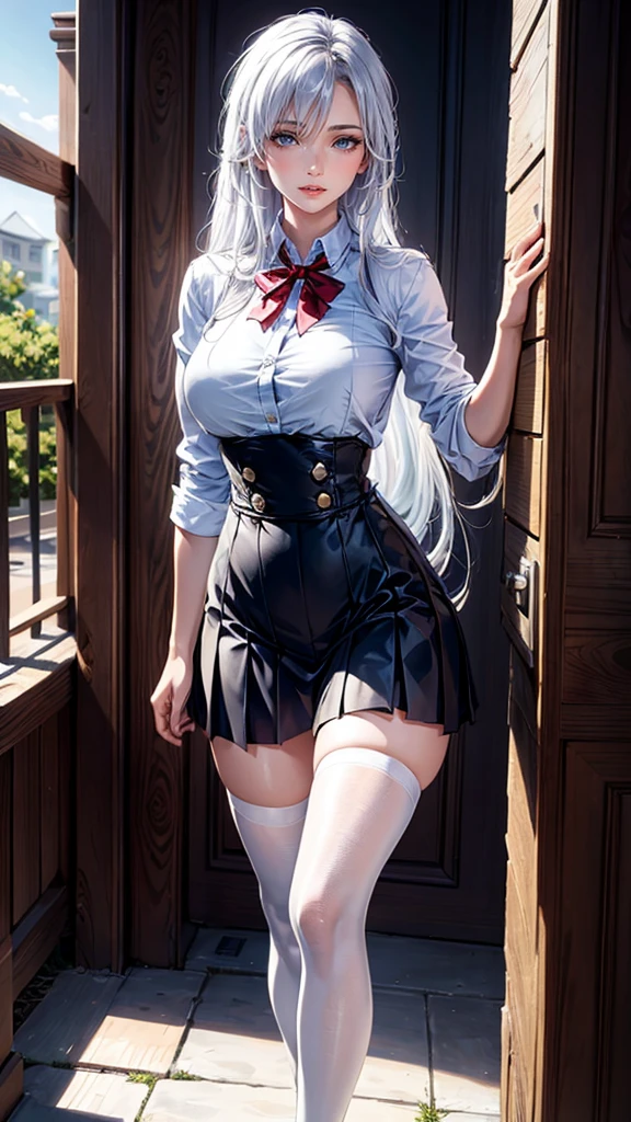 (photorealistic, high resolution, soft lights:1.2), 1 woman, solo, hips up, blue eyes, detailed eye makeup, fair skin, white hair, long flowing hair, neatly styled, school uniform, crisp white shirt, pleated skirt, thigh-high stockings, black shoes, serene expression