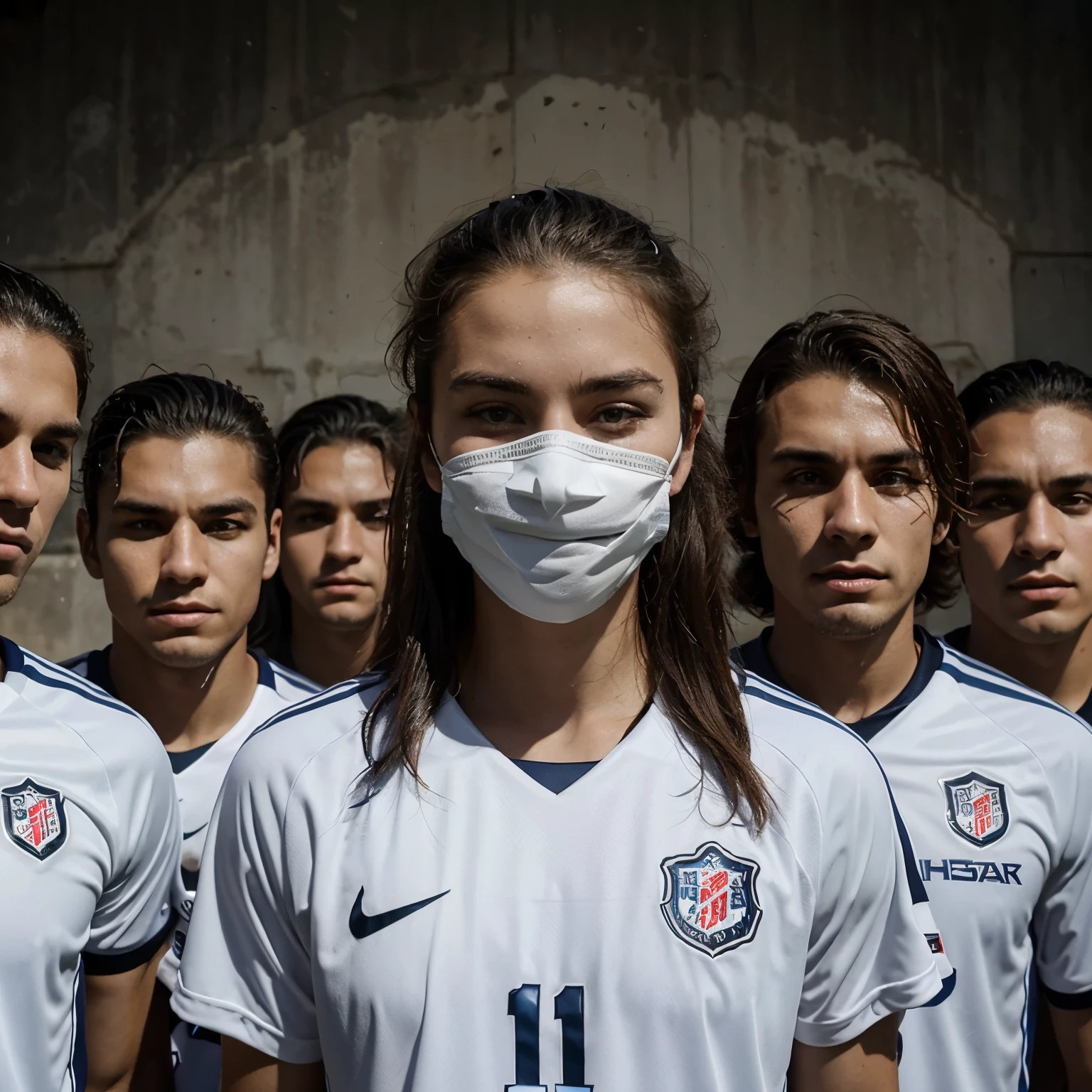 Make an image of a photo of a soccer team of 11 players, with completely professional white uniforms who have faces with crazy masks