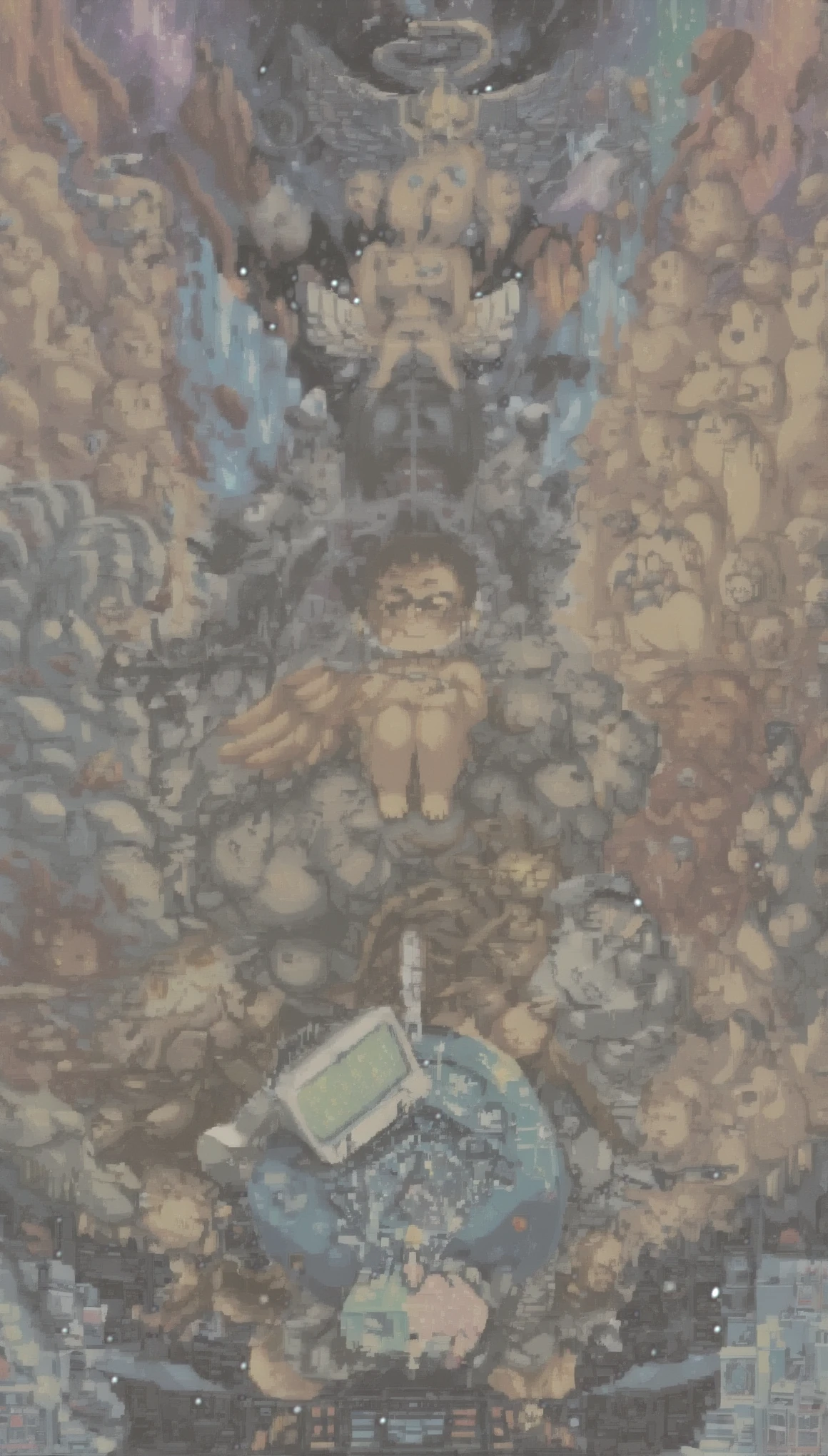 Imagem de alta qualidade, of a DJ in space with several angels next to him.