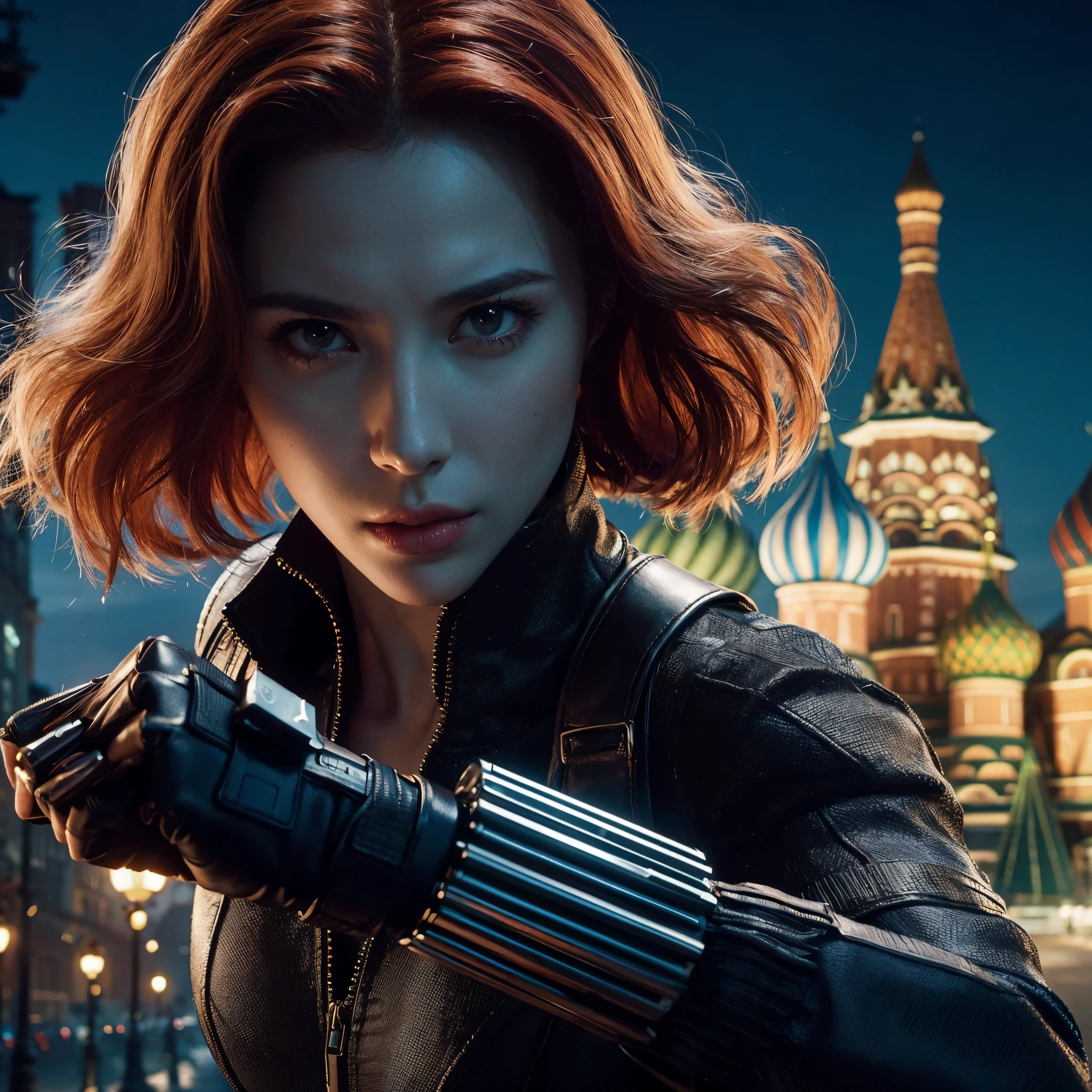 ((very sharp photo result & detailed face)) (((textile shading))), (((Best Quality))), (((masterpiece))), (((hyper realistic photo)) scenery moment, detail sharp photography, midnight, dark sky, marvel character black widow, intense eye, beautiful with short red hair, detail body & detail facial, flicker natural, action pose styling, wearing classic costume black leather with gauntlet bracelet guns, moscow city background, cinematic, hasselblad camera. HDR10 8K