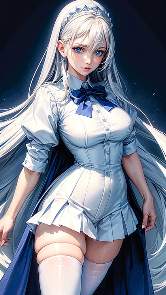 (best quality, high resolution, ultra-detailed, realistic:1.37), soft lights, 1 woman, solo, hips up, beautiful blue eyes, flowing white hair, long and silky hair, elegant school uniform, white shirt, pleated skirt, thigh-high socks