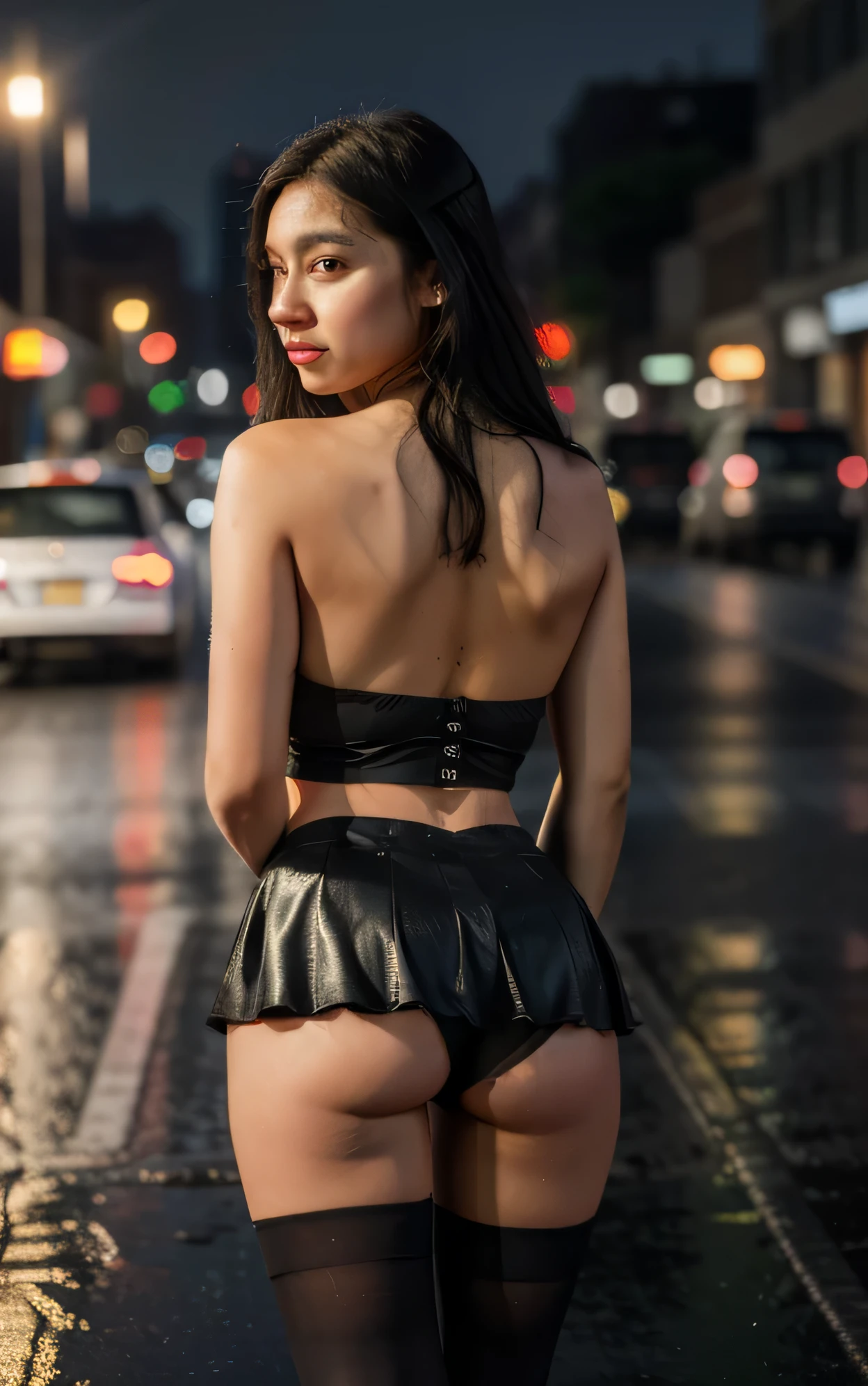 (8k, RAW photo, best quality, masterpiece:1.4), ultra high res, (realistic, photo-realistic:1.48),1 latin girl, (aegyo sal:1),cute, sexy athletic body, (super bokeh night city center:1.25), bokeh, night, traffic lights, road sign, rain, after rain, wet, professional lighting, detailed lighting, photon mapping, radiosity, physically-based rendering,Black pantyhosebloom, backlighting, depth of field, natural lighting, hard focus, film grain, one meter shooting distance, professional photoshoot, photographed with a Sony a9 II Mirrorless Camera, detailed eyes, realistic eyes, detailed shadow, looking at viewer, dog ears, detailed lighting, skirt, black skirt, thighhighs, black thighhighs, (detailed hair, realistic hair, realistic lighting, realistic shadow, realistic outfit), realistic skin, (gun on waist:1), realistic reflection of light from above, ((arms behind back)),(hands behind),tube top,sexy