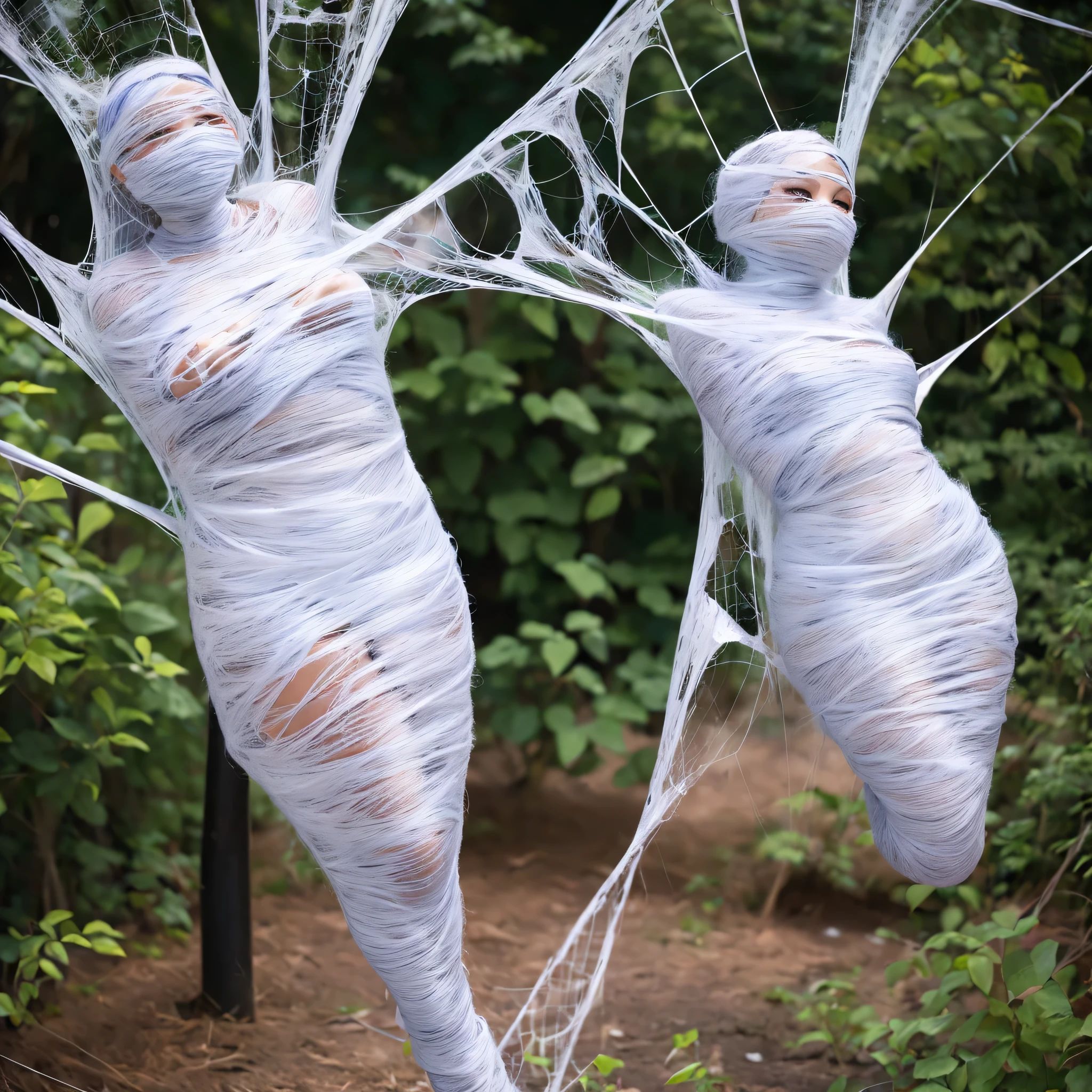 a girl entangled in the spider web, struggle, detailed classroom, (cocoon:1.3), spider web, hanging, spider in the web, spider
