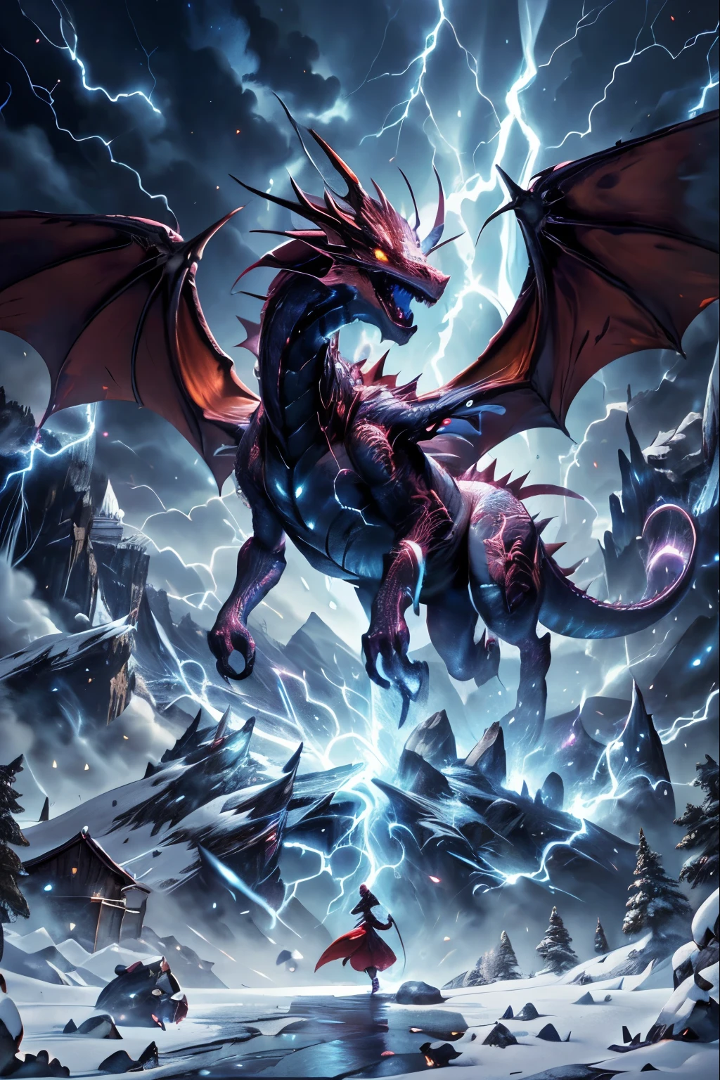 Bright colors, Red dragon, ONE, Dnd style, 4 same legs on the ground, open mouth, snowy mountains as background,masterpiece,amazing, fine detail, detailed background, dynamic pose,full body, detailed head, soft, rounded spines cover the back,elegant,elegant,woman,slim,in a horizontal position, calm, thundermagic,excessive energy, charged aura, casts a spell, lightning, lightning из рук