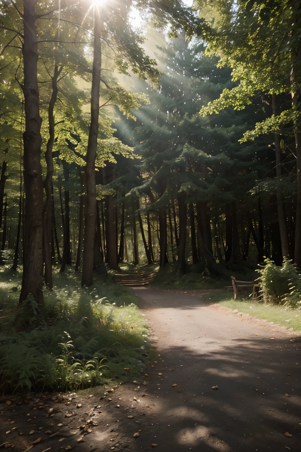 create an image of a summer forest in Bruce Peninsula Park, aux allures enchantées mais réaliste, du point de vue d'un randonneur. With natural light shining between the trees. Une palette de couleur chaude comme celle d'une pellicule 35mm porta 400. Une photo prise avec un appareil argentique avec de la texture et du grain pour évoquer du réalisme. Plus d'arbres, Plus sauvage, a narrower path , une impression d'inclinaison pour démontrer que le terrain est en pente. Et un résultat moins dessin et artificiel. Plus réaliste comme une photographie organique.