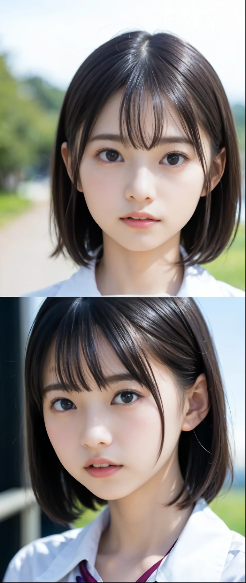 (masterpiece, highest quality:1.2), 8k, 12 years old, 85mm, official art, RAW photo, スーパース??なスレンダーbeautiful girl, (full nude下Half body、show me your ears、Embarrassed ????? girl photo shoot、full nude, cute frightened face, close, Half body, Biolace, gardenia, beautiful girl, school uniform, thighs,  stand on the station platform, Looking at the viewer in embarrassment, no makeup, (A slightly troubled look), Face of embarrassment、nervous pose、film grain, chromatic aberration, sharp focus, face light, clear lighting, Ten generations, detailed face, background bokeh, (dark red tie:1.1)、((((((two girls))))))、((((((２人のfull nude女子高生)))))、Short-cut straight hair