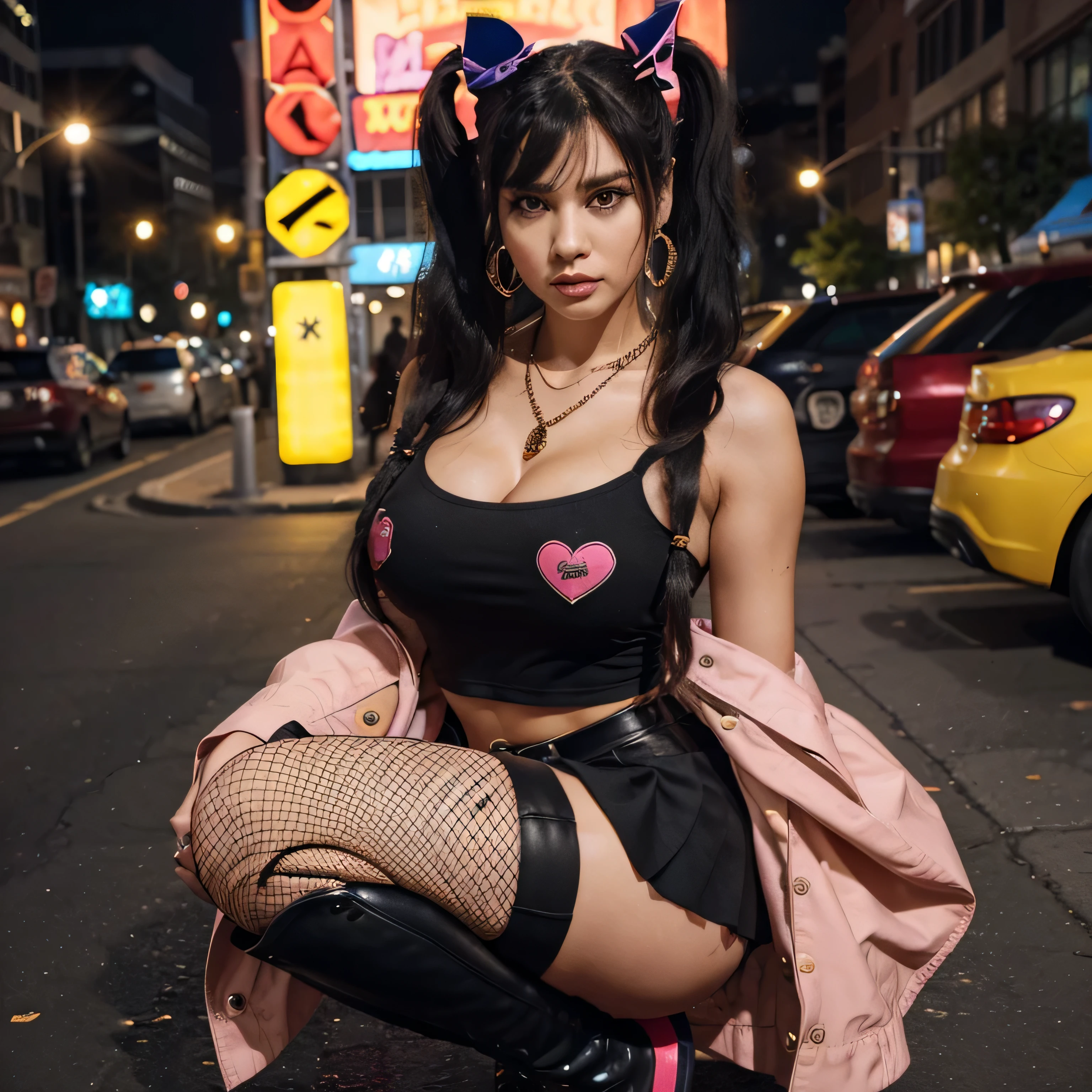 A beautiful hyperreal woman who represents Sailor Moon. Black hair, very big breasts, giant butt, tiny waist. Her face has Japanese anime features. Pigtails: she has long black hair that reaches approximately the middle of his back. Her distinctive hairstyle consists of two high, voluminous pigtails that extend up and out from the top of her head. Bows: At the base of each ponytail, she wears a large yellow bow that keeps her hair in place. Bangs: She has short, blunt bangs that frame her face and curve to the sides. She is wearing Harley Quinn's costume. It is a vibrant and eclectic mix that reflects his unique and eccentric personality. She wears a yellow and black leather biker jacket adorned with patches and extravagant details. Underneath the jacket, he wears a tight-fitting T-shirt with some bold or graphic design, often in bright colors or quirky prints. On the bottom, she wears tight pants or a short skirt, also in striking shades such as red, blue or pink, which complement her bold style. Her legs are adorned with colorful fishnet stockings or tights that add an extra touch of extravagance. For footwear, she opts for tall boots or sneakers with bold, colorful details that complement the rest of her outfit. In addition, accessories such as necklaces, bracelets and large, striking earrings complete her characteristic and rebellious look. The wardrobe is a visual expression of her extravagant and uninhibited personality, combining bright colors, bold clothing and bold accessories to create a unique and distinctive style. She is in Toronto at night.
