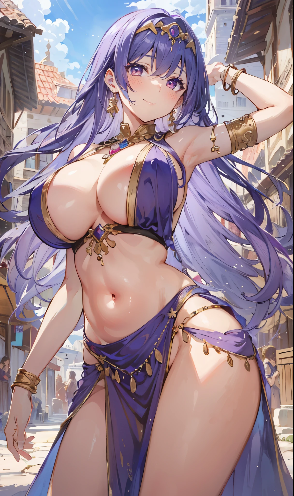 high quality, ultra detailed, best quality, insanely detailed, beautiful, masterpiece, 1girl, plaza, medieval Europe, cowboy shot, red eyes, long hair, light purple hair, (belly dancer, harem outfit, pelvic curtain:1.2), purple costume, bare legs, circlet, earrings, armlets, bracelets, bashful smile, dancing, large breasts, cleavage, soft stomach