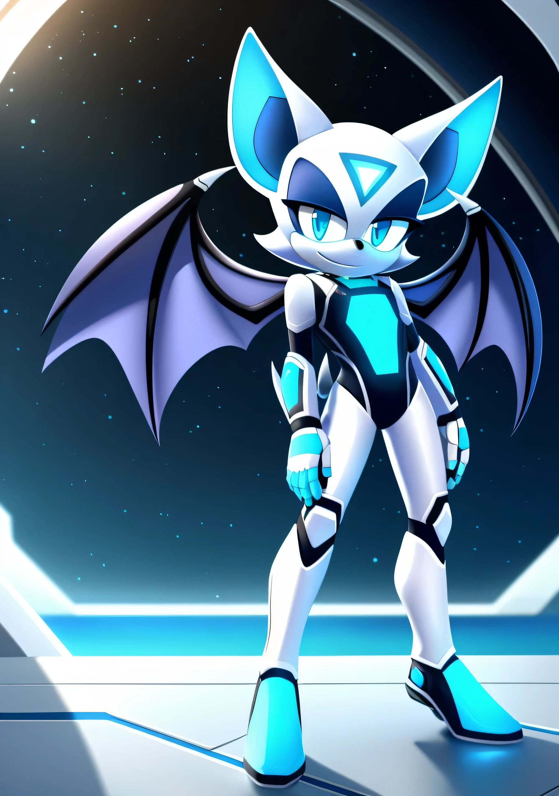 A solo male twink anthro android ((bat)), with bright cyan fur, ((short)) quills, glowing blue eyes, white muzzle, wearing a shiny, latex sci-fi bodysuit standing in a futuristic landscape. The android's bodysuit has (((light blue, and white coloring))), and intricate futuristic details, creating a clean look. the android has a seductive smirk on his face