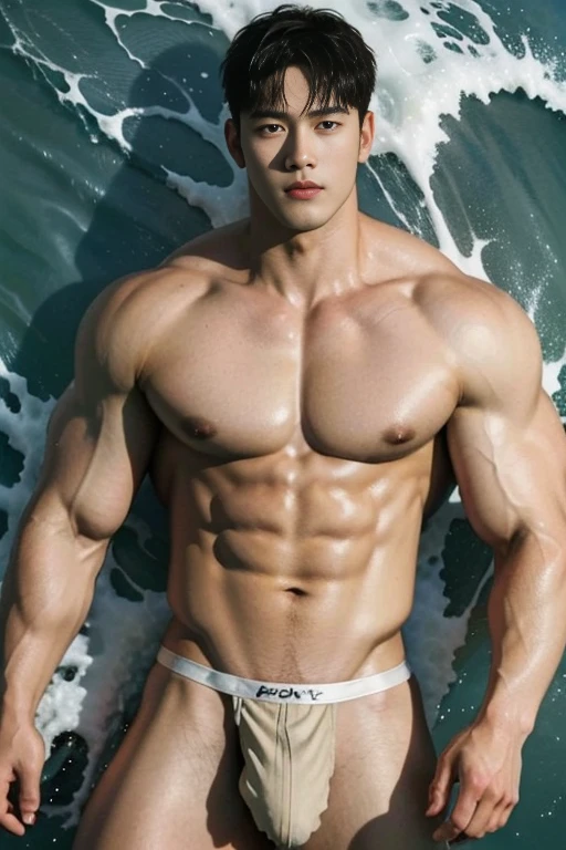 (The best quality: 1.5, Hyperrealistic: 1.5, Photorealistic: 1.4, Insanely detailed CG 8k wallpaper: 1.5, Masterpiece: 1.3, Enthusiastically detailed photo: 1.2), (Hyperrealistic realistic texture: 1.4), Highly detailed, (Masterpiece, The best quality), Extremely detailed 8K wallpaper, 1 Korean male, (Korean Man Looking Like K-pop Idol), 20 years old, handsome, Detailed face, Stubble, muscular, naked, swimsuits, surf, realistic photo, Surfing in the sea, voluptuous pectoral, Big, defined, muscular body, sexy, They are smiling, detailed hands, perfect hands