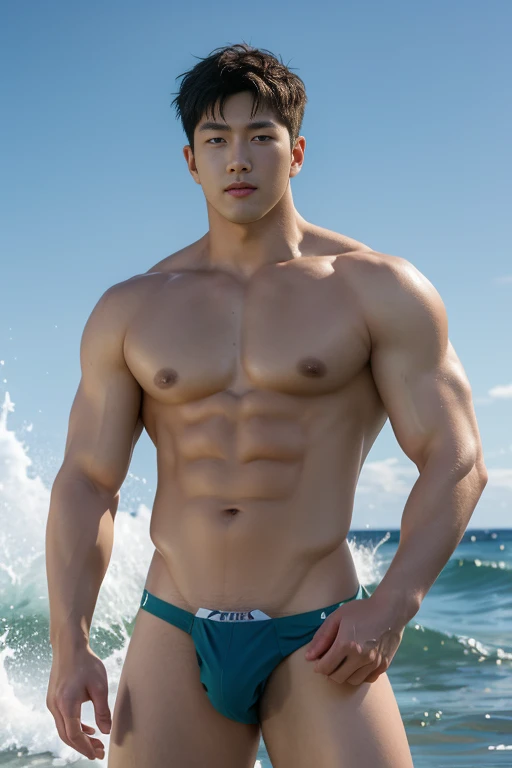 (The best quality: 1.5, Hyperrealistic: 1.5, Photorealistic: 1.4, Insanely detailed CG 8k wallpaper: 1.5, Masterpiece: 1.3, Enthusiastically detailed photo: 1.2), (Hyperrealistic realistic texture: 1.4), Highly detailed, (Masterpiece, The best quality), Extremely detailed 8K wallpaper, 1 Korean male, (Korean Man Looking Like K-pop Idol), 20 years old, handsome, Detailed face, Stubble, muscular, naked, swimsuits, surf, realistic photo, Surfing in the sea, voluptuous pectoral, Big, defined, muscular body, sexy, They are smiling, detailed hands, perfect hands