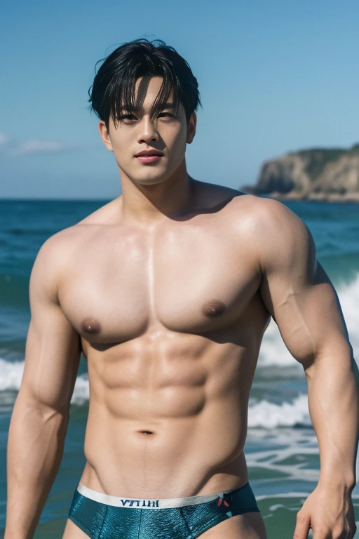 (The best quality: 1.5, Hyperrealistic: 1.5, Photorealistic: 1.4, Insanely detailed CG 8k wallpaper: 1.5, Masterpiece: 1.3, Enthusiastically detailed photo: 1.2), (Hyperrealistic realistic texture: 1.4), Highly detailed, (Masterpiece, The best quality), Extremely detailed 8K wallpaper, 1 Korean male, (Korean Man Looking Like K-pop Idol), 20 years old, handsome, Detailed face, Stubble, muscular, naked, swimsuits, surf, realistic photo, Surfing in the sea, voluptuous pectoral, Big, defined, muscular body, sexy, They are smiling, detailed hands, perfect hands